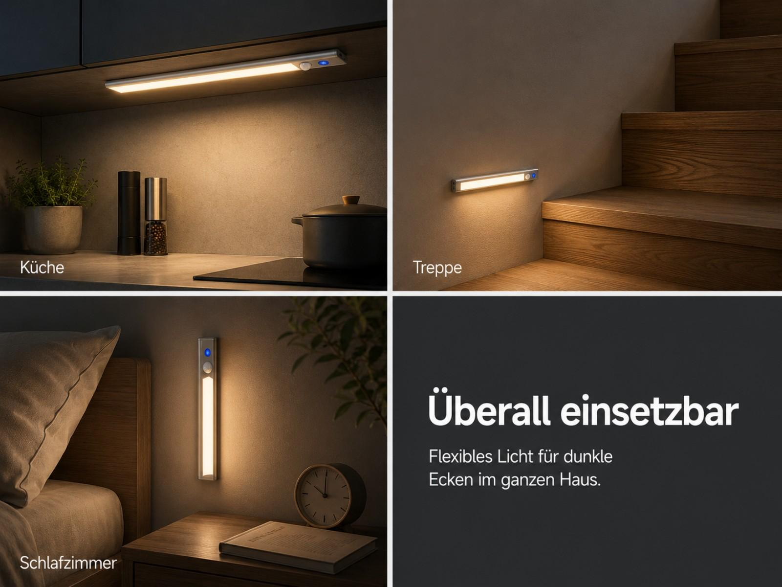 Die Leuchte wird in Küche, Treppenhaus und Schlafzimmer gezeigt.