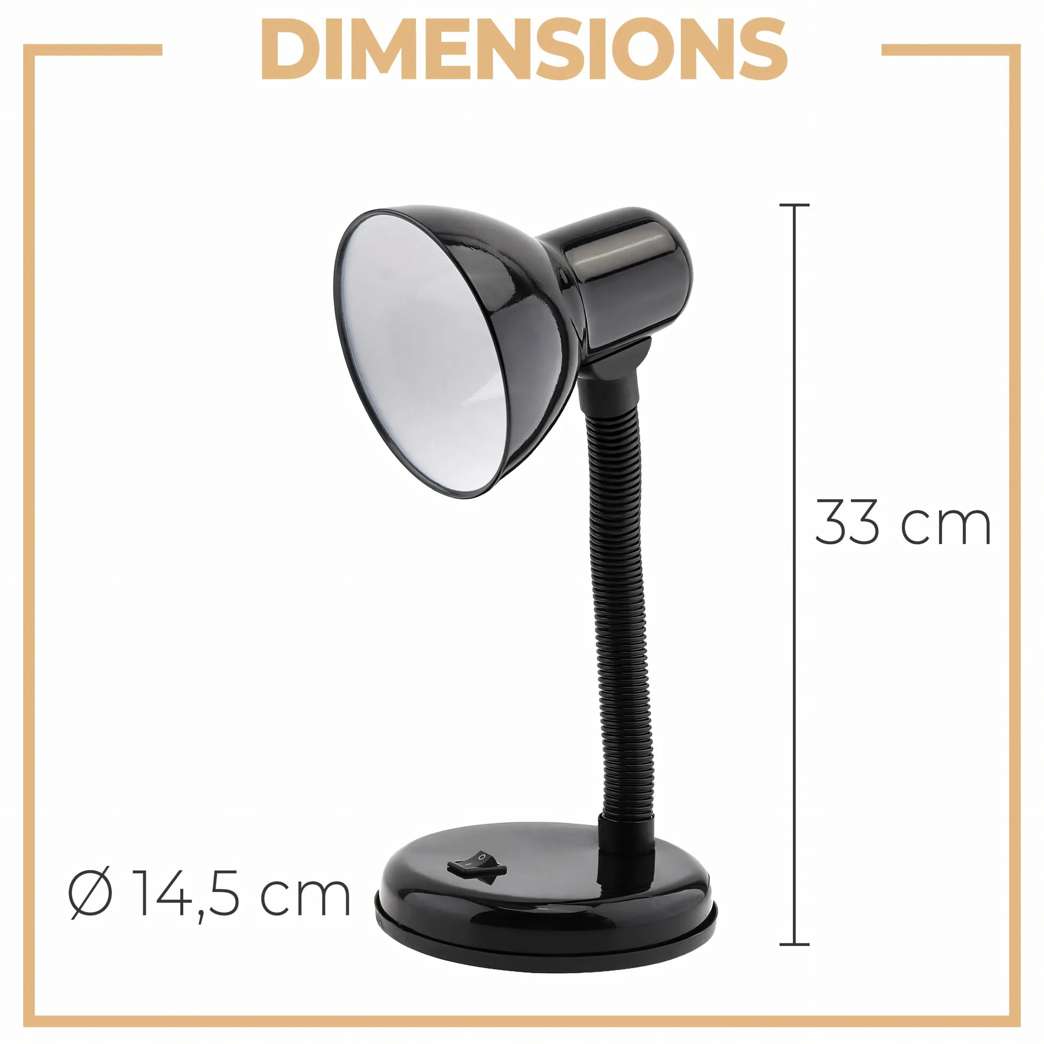 Schwarze Schreibtischlampe, 33 cm hoch, Basisdurchmesser 14,5 cm.