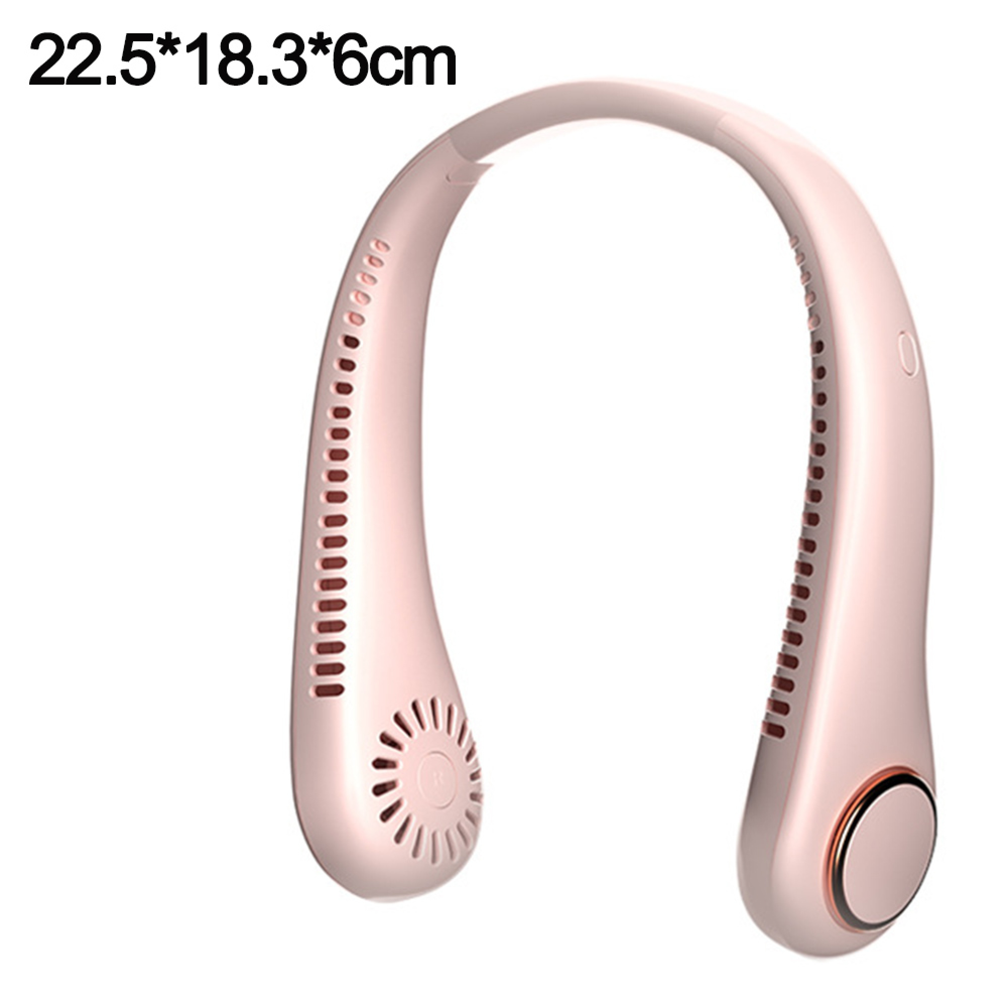 Ein rosafarbener Nackenventilator mit Lüftungsschlitzen und einem runden Knopf.