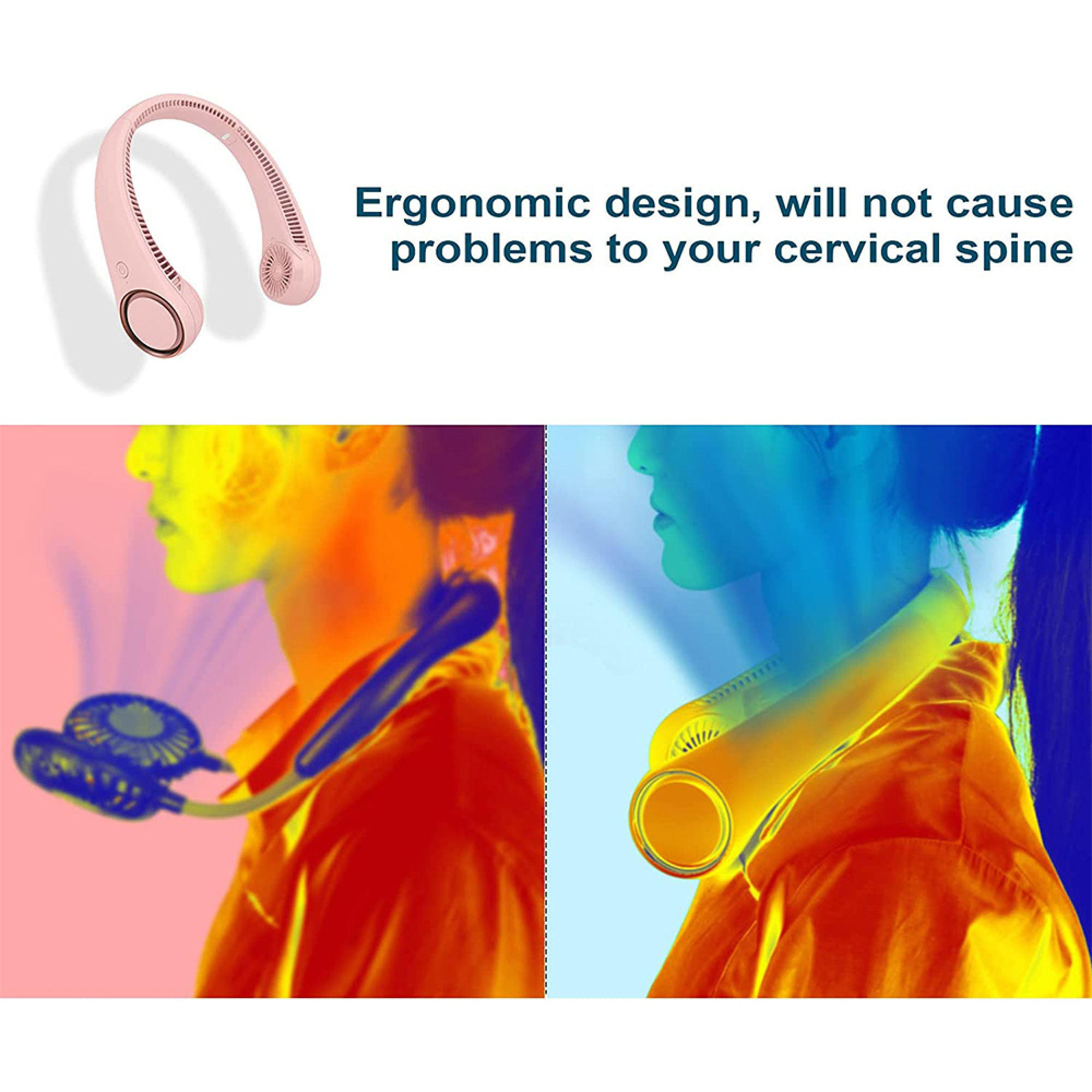 Ein rosa Nackenventilator mit ergonomischem Design, das auf den Schultern getragen wird.