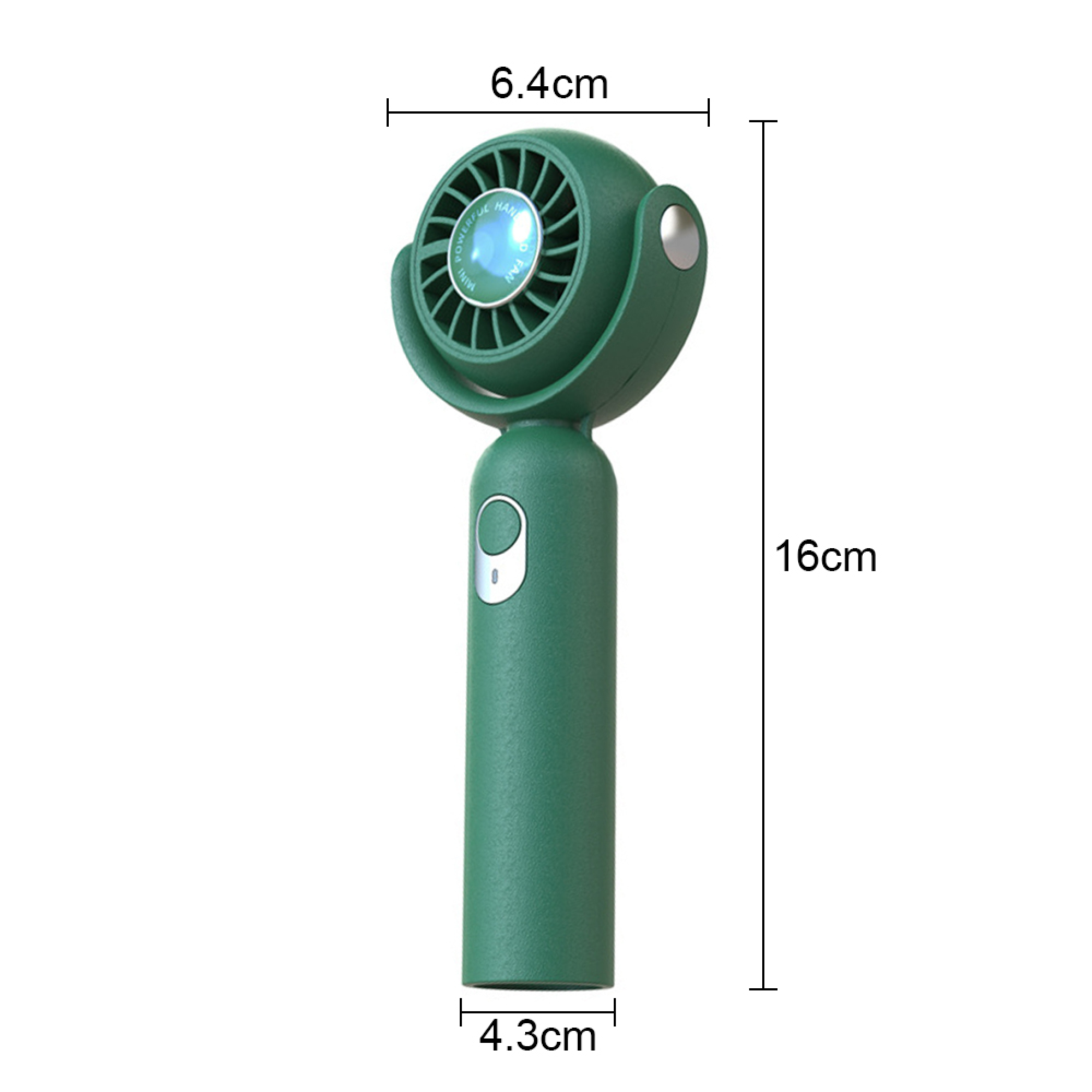 Ein kleiner, tragbarer grüner Ventilator mit silbernem Knopf und Maßen.