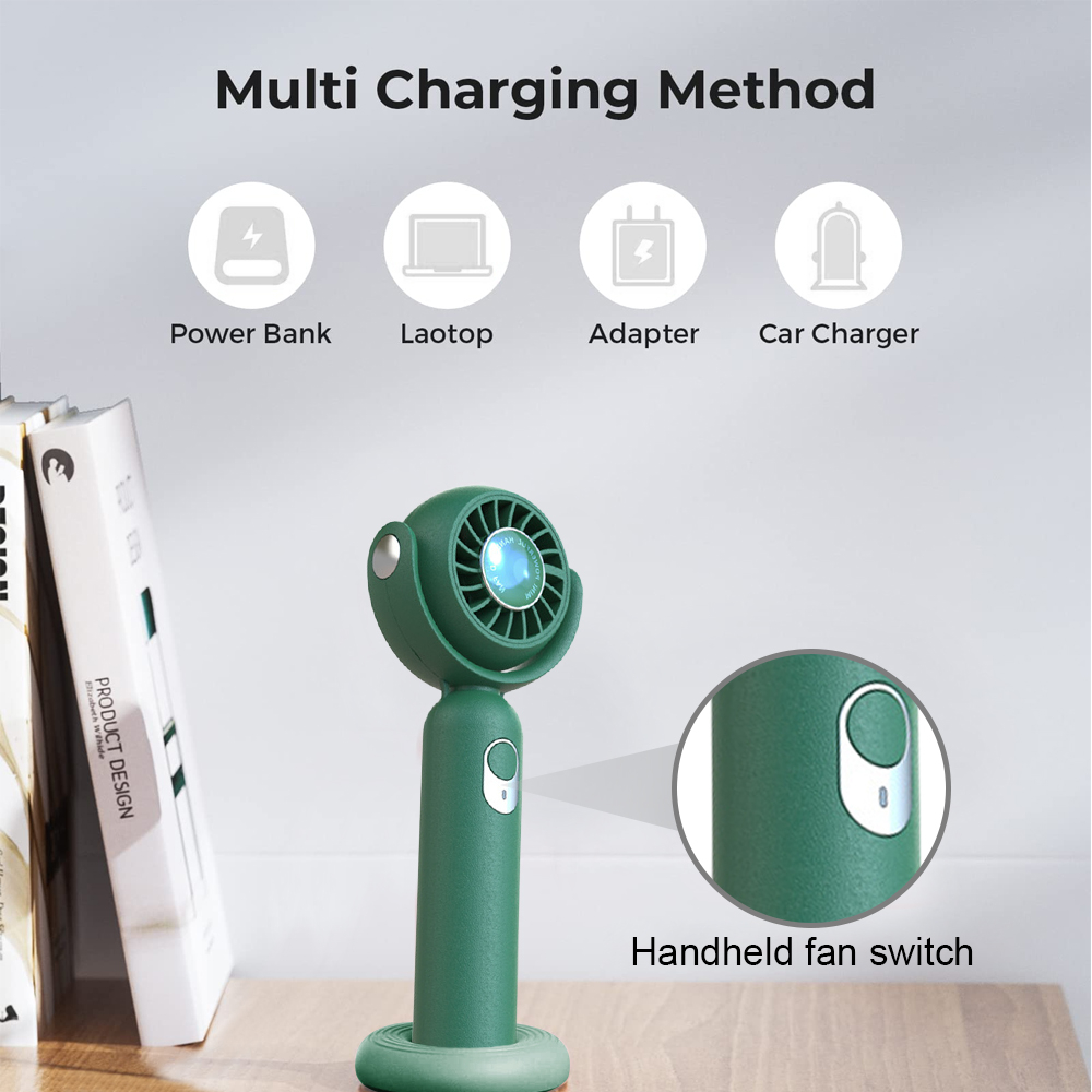 Ein grüner Handventilator mit Ladeoptionen: Powerbank, Laptop, Adapter, Autoladegerät.