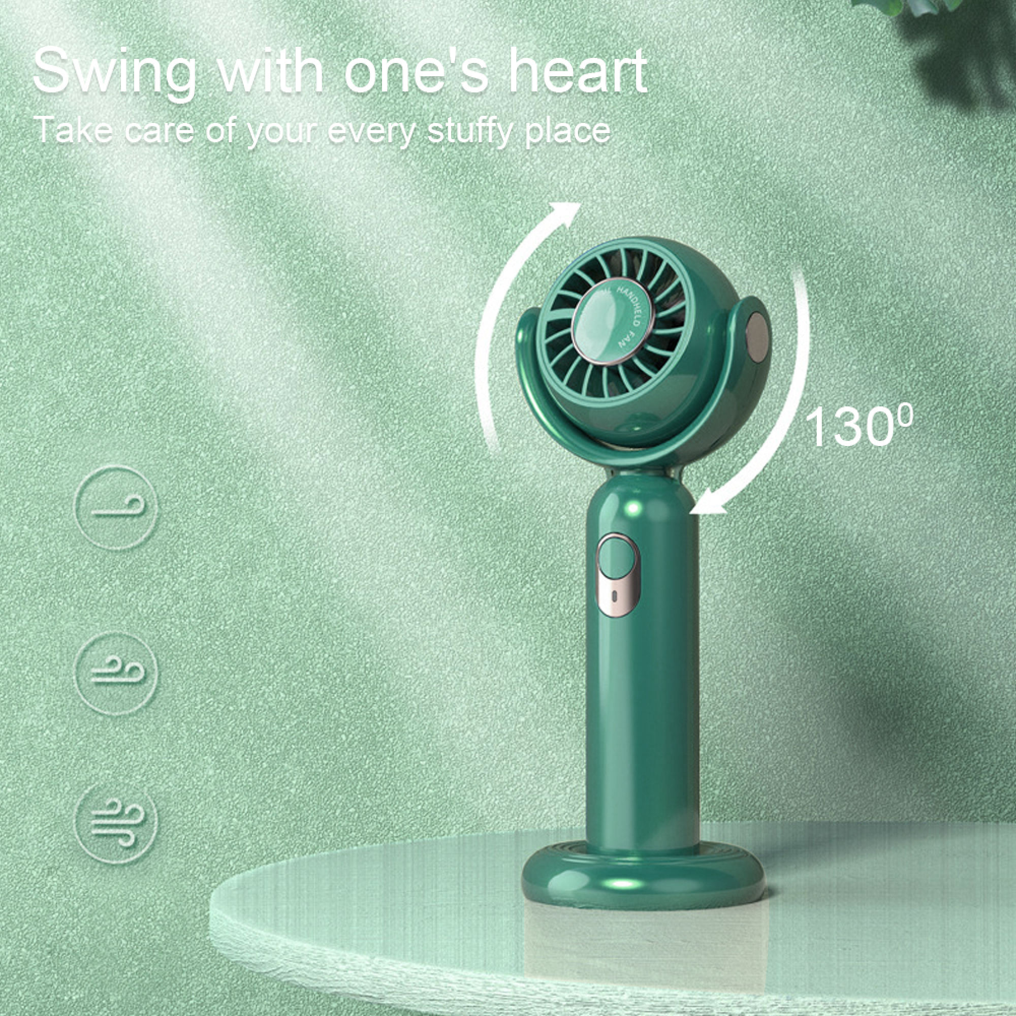 Ein kleiner grüner Ventilator auf einem Tisch mit Text.