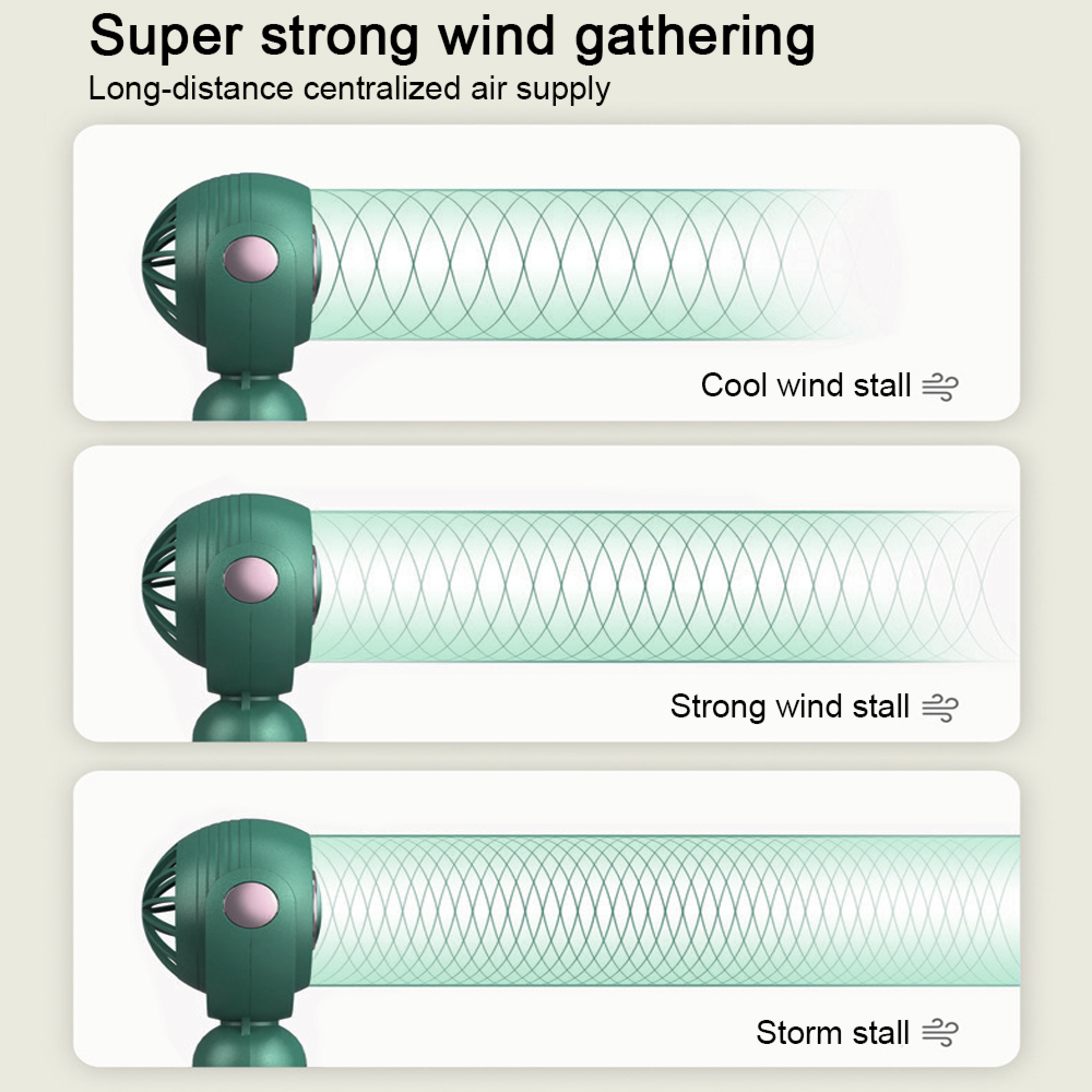 Grüner Ventilator mit 3 Windstärken: Kühl, Stark und Sturm.