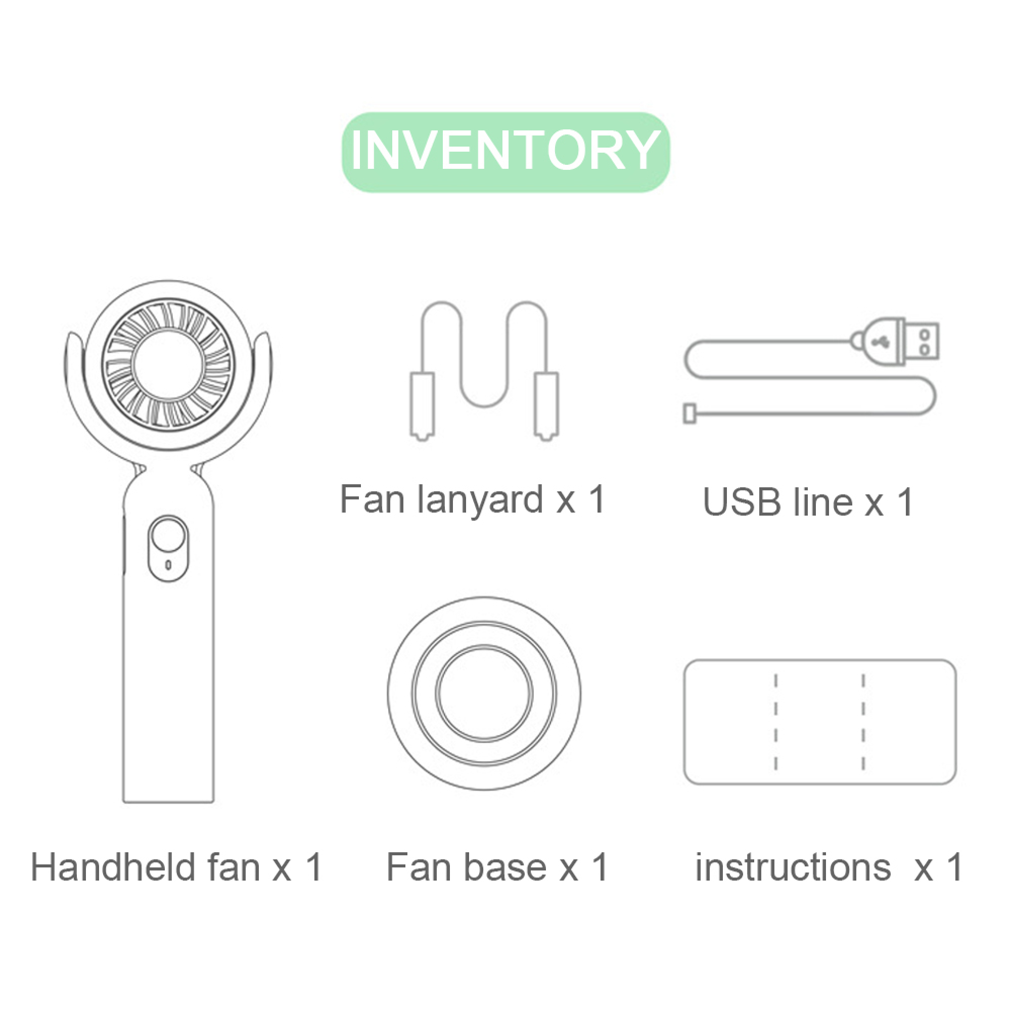 Inventarübersicht mit Handventilator, Lanyard, USB-Kabel, Basis und Anleitung.