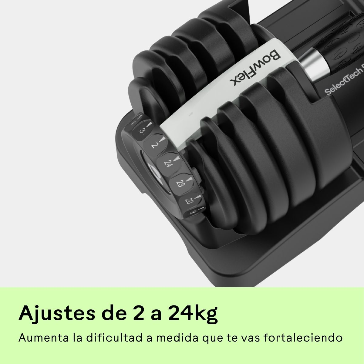 Einstellbare Hantel von 2 bis 24 kg mit Gewichtsanzeige.