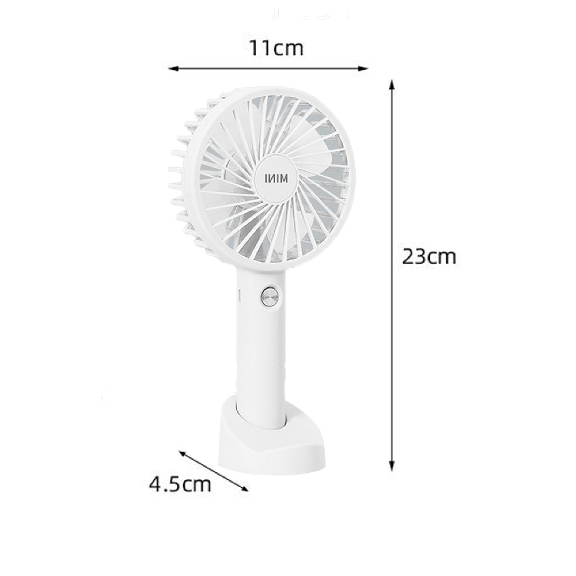 Ein weißer Handventilator mit Maßen 11x23x4,5cm auf einem Ständer.