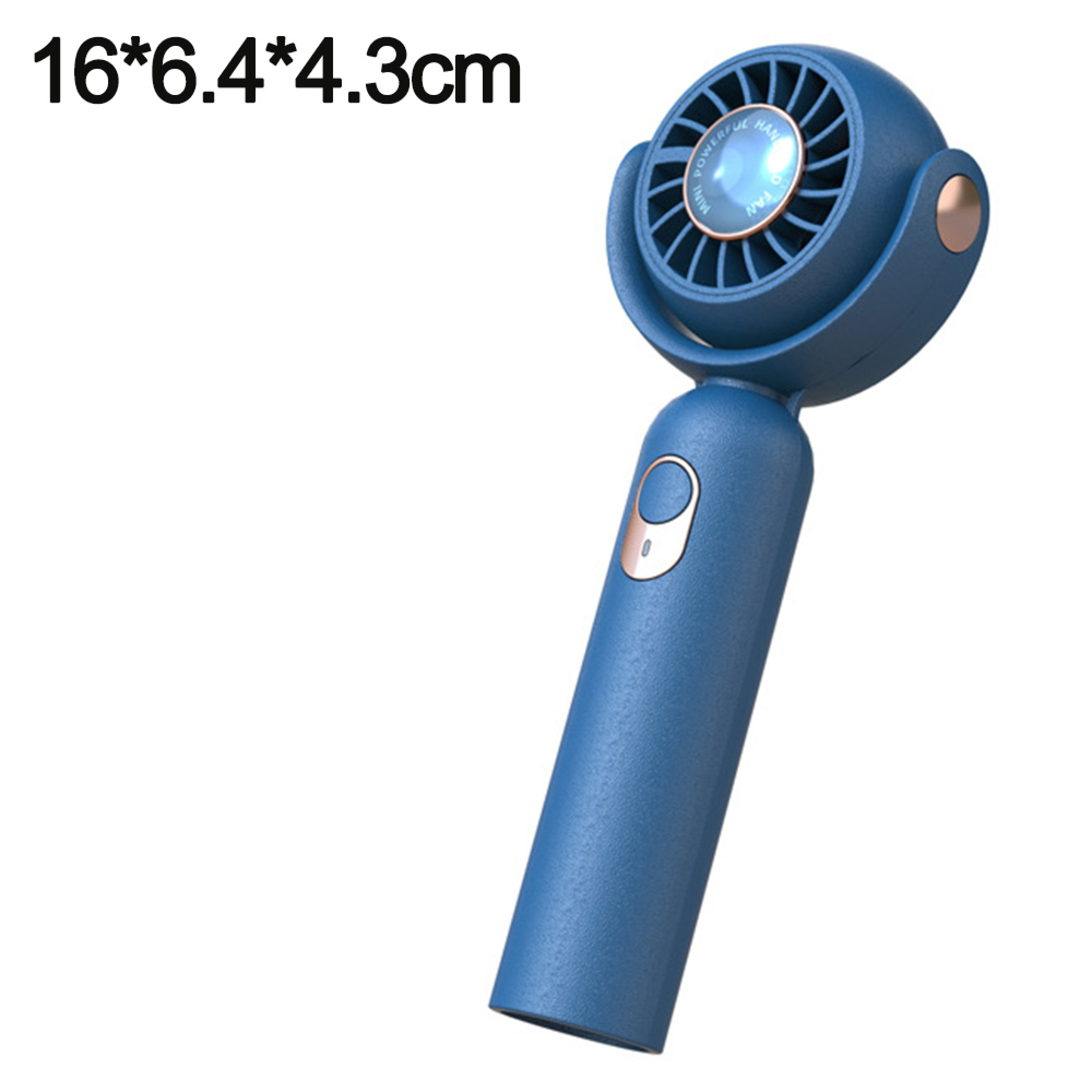 Ein blauer tragbarer Ventilator mit rundem Kopf und Griff. Text: 16*6,4*4,3cm.