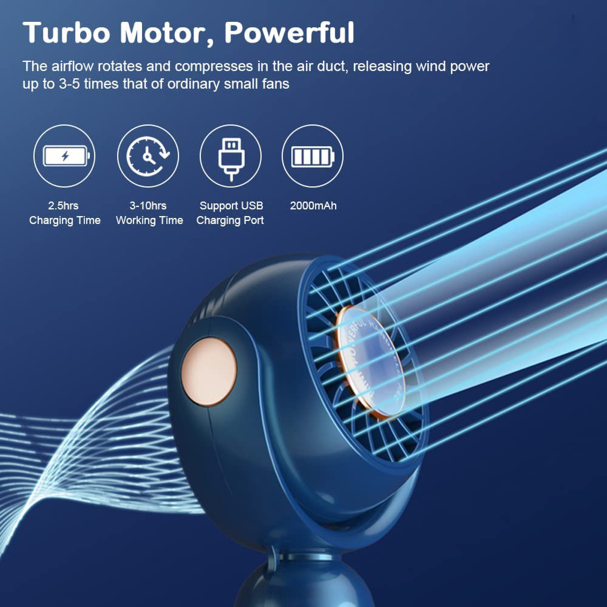 Blauer Ventilator mit blauen Luftströmen. Merkmale: 2,5 Std Ladezeit, 3-10 Std Laufzeit, USB, 2000mAh.