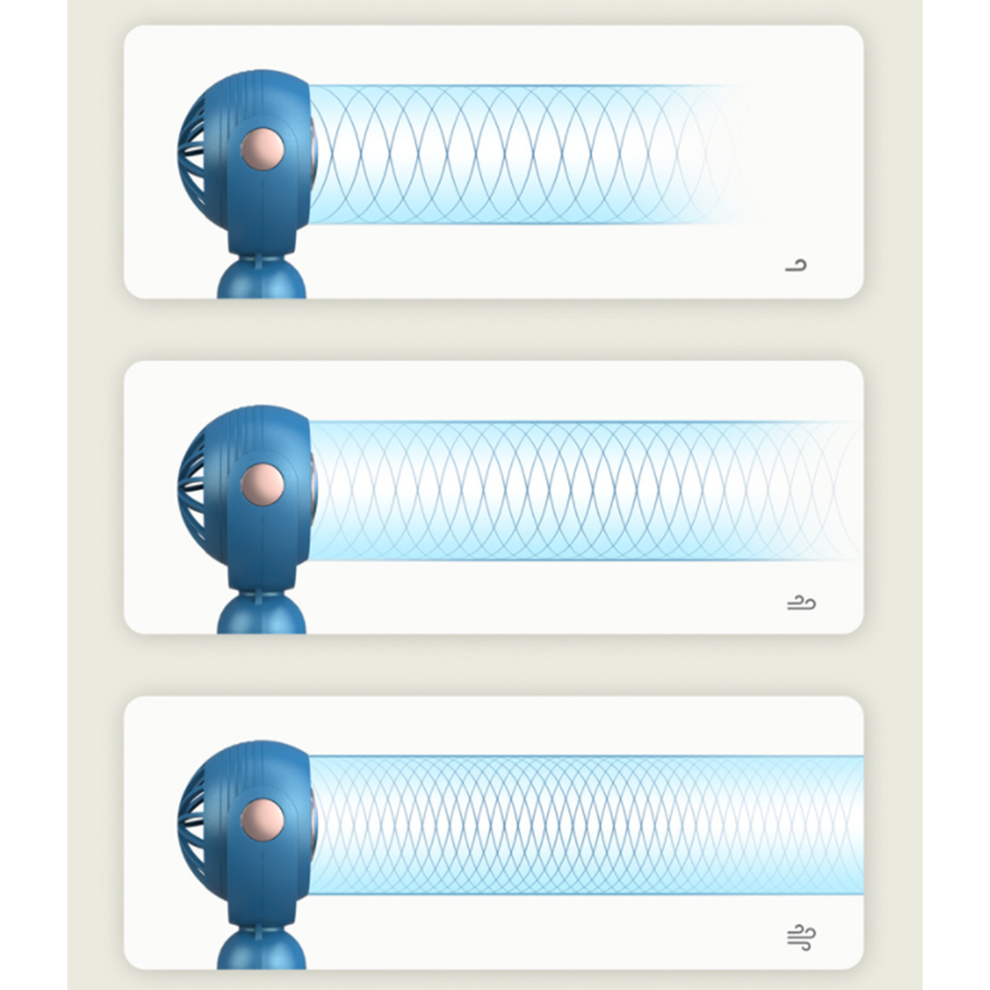 Ein blauer Ventilator mit Luftstrom in drei Stufen.
