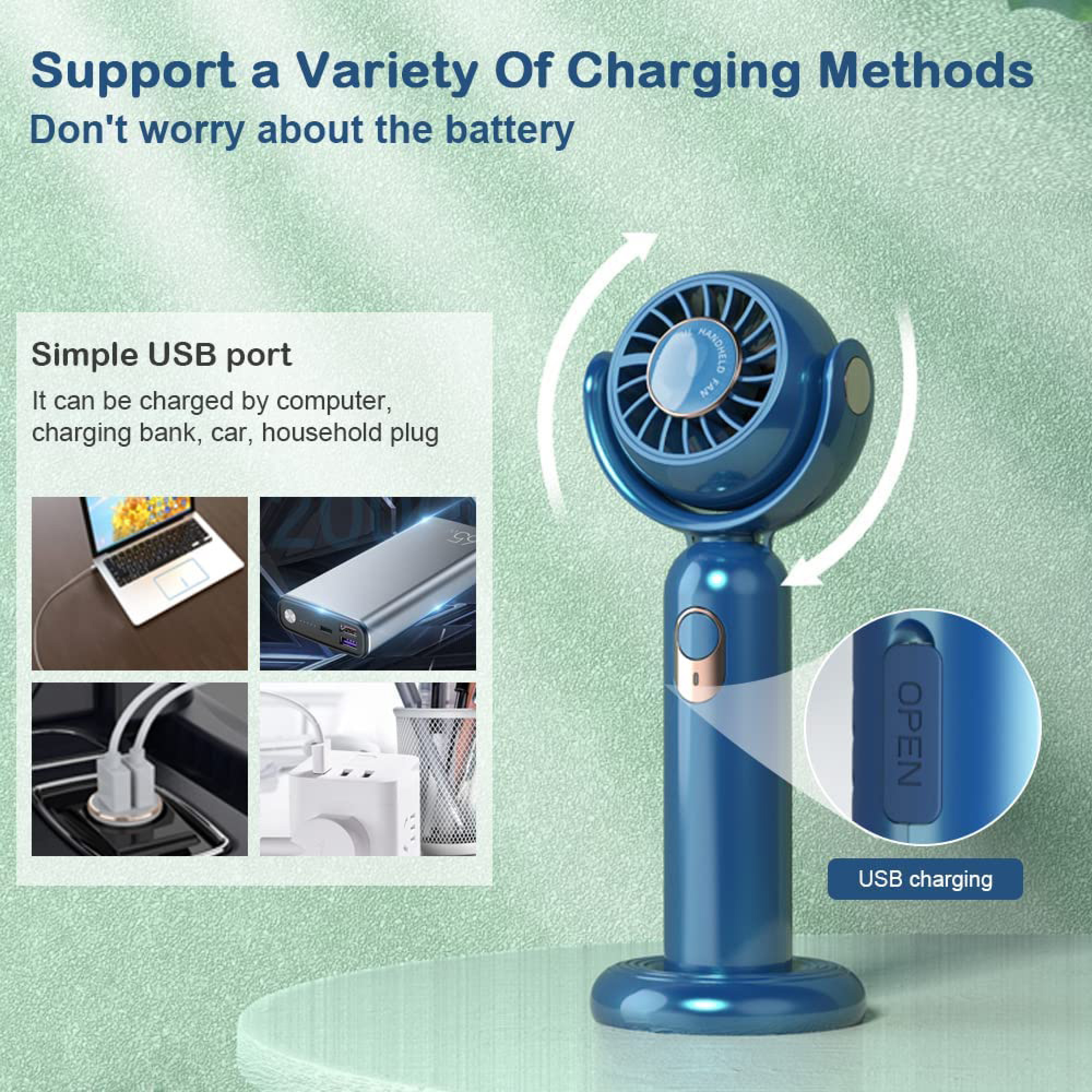 Ein blauer USB-Ventilator mit Ladeoptionen: Laptop, Powerbank, Auto und Netzstecker.