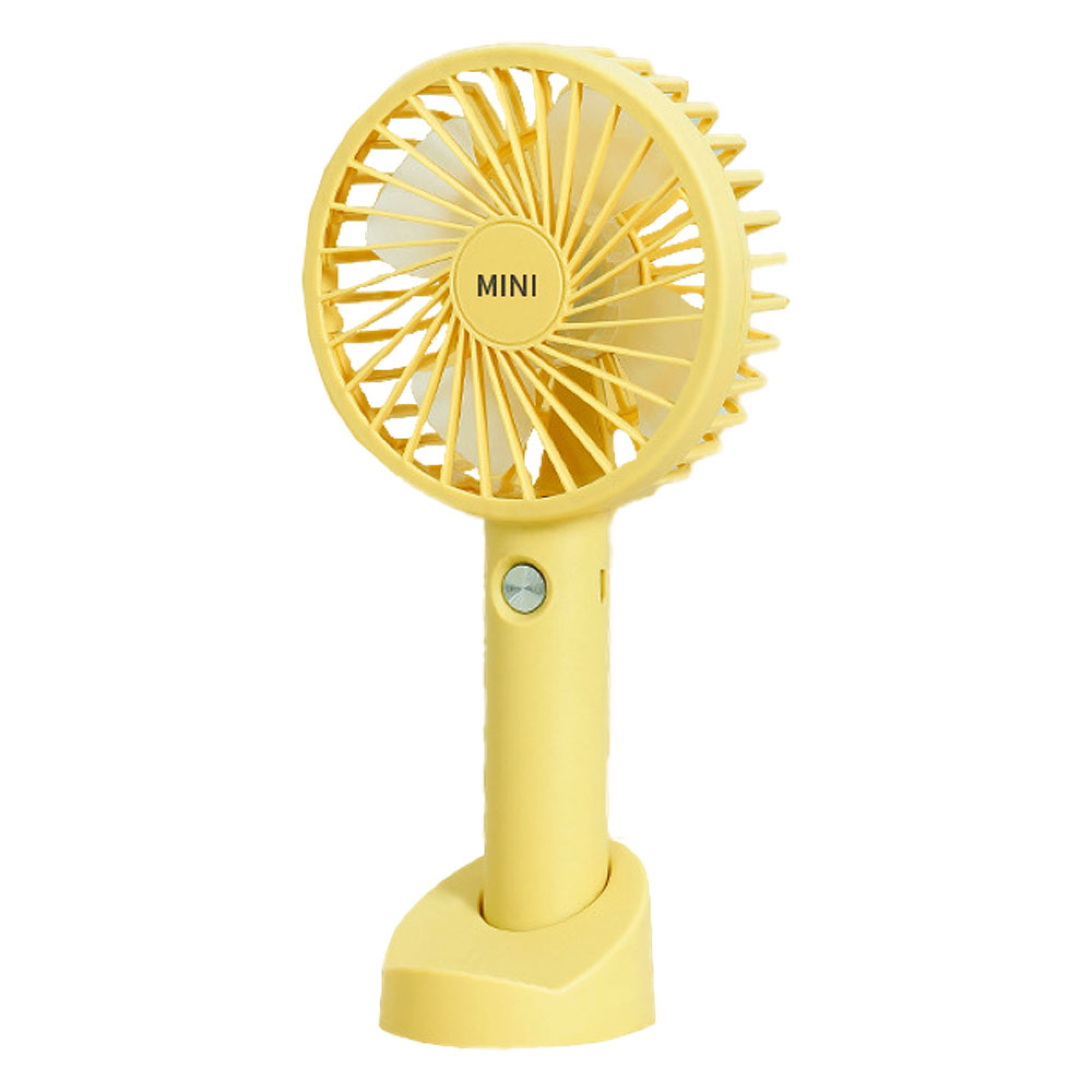 Ein kleiner gelber Ventilator mit einem weißen Knopf und einem Ständer.