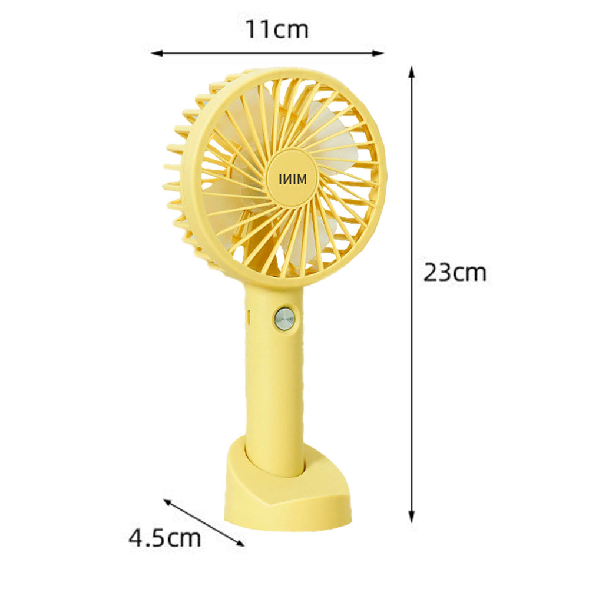Ein gelber Mini-Ventilator mit Griff und Sockel, Maße 11x23x4,5cm.
