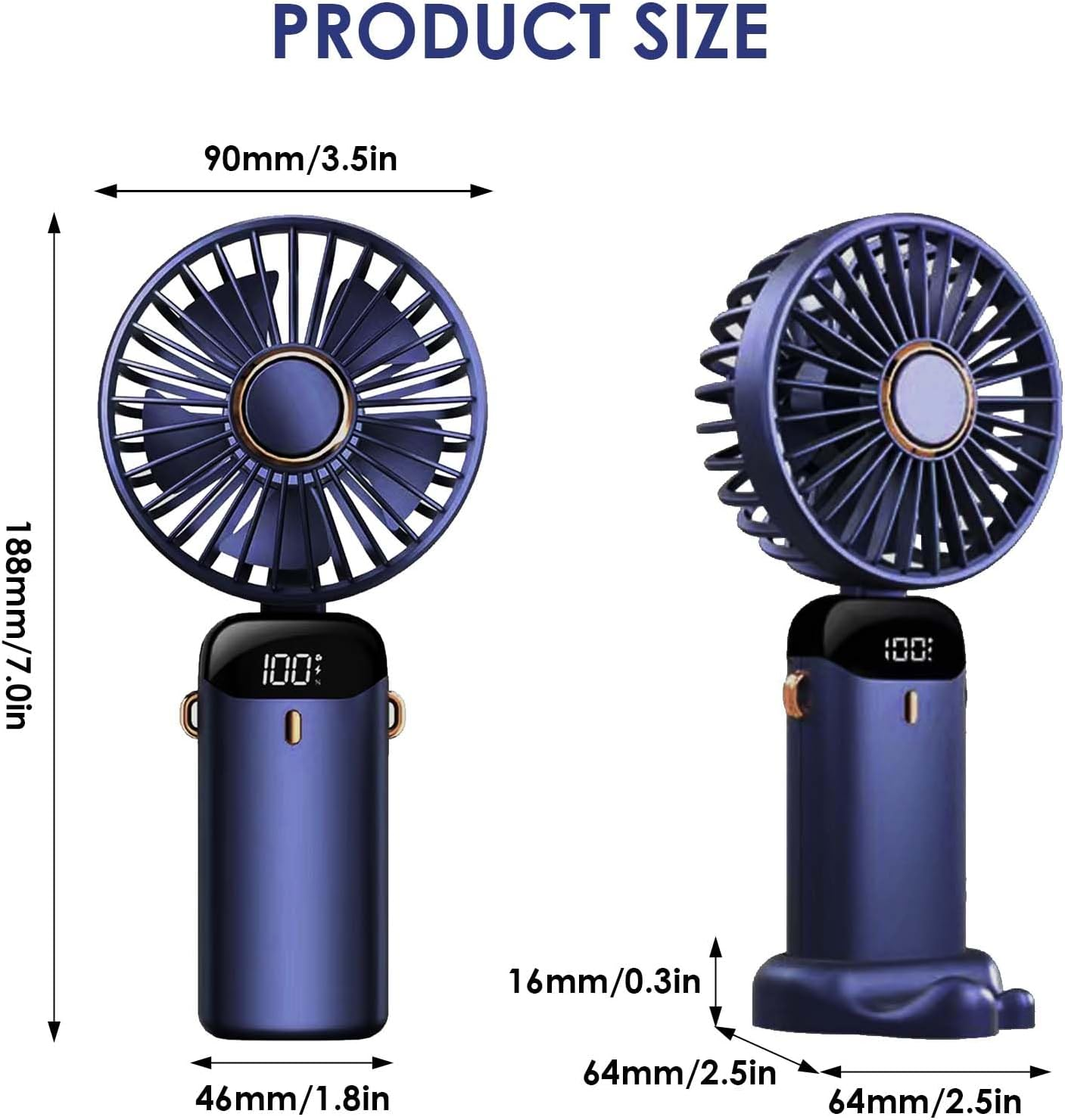Blauer Ventilator mit Maßen: 18,8 cm hoch, 9 cm breit. LCD zeigt 100%.