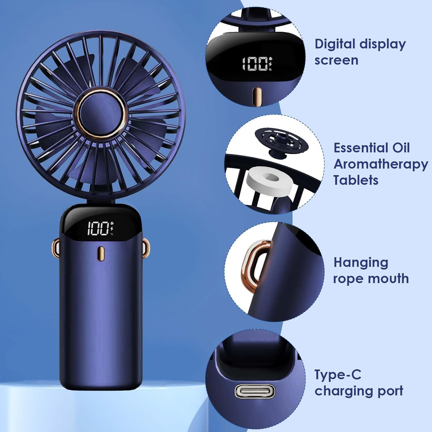 Lila Ventilator mit Digitalanzeige, Aromatherapie-Tabletten, Aufhängeseil und Typ-C-Anschluss.