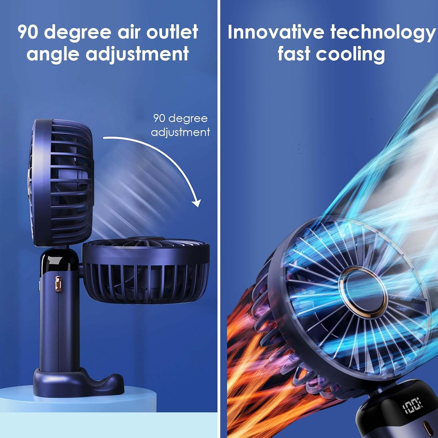 Ein blauer Ventilator mit 90-Grad-Schwenkarm und blauen/orangen Luftströmen.