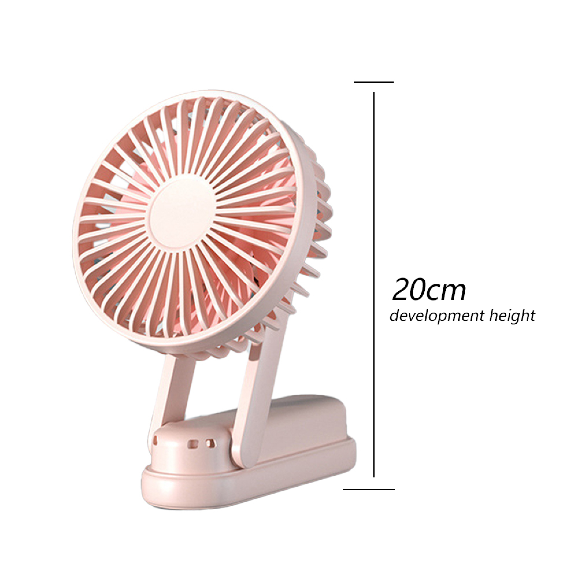Ein kleiner rosa Ventilator mit verstellbarem Ständer und einem Maß von 20 cm.