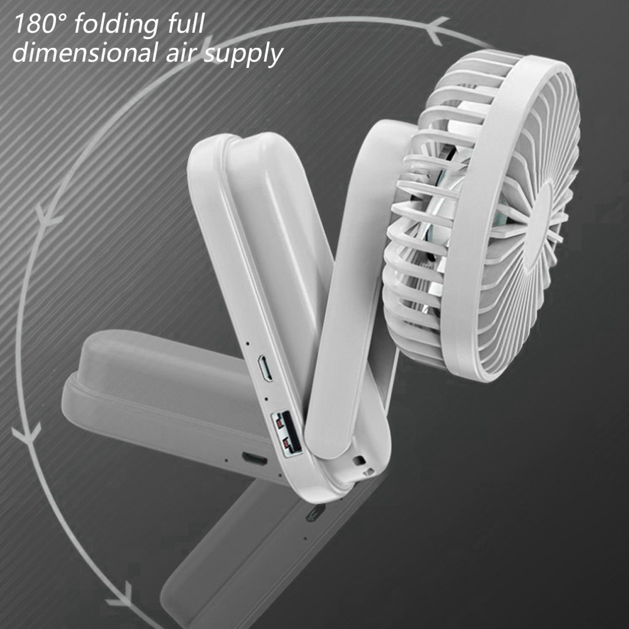 Ein weißer, faltbarer Ventilator mit 180-Grad-Luftzufuhr auf grauem Hintergrund.