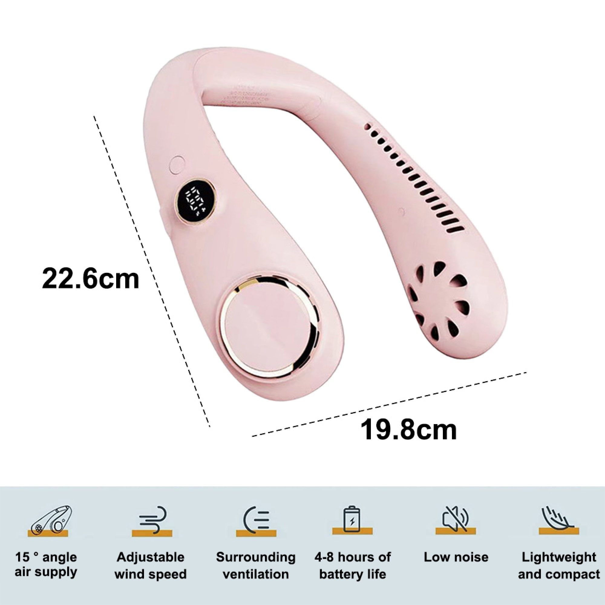 Ein rosa Nackenventilator mit digitalen Anzeigen und Lüftungsschlitzen.