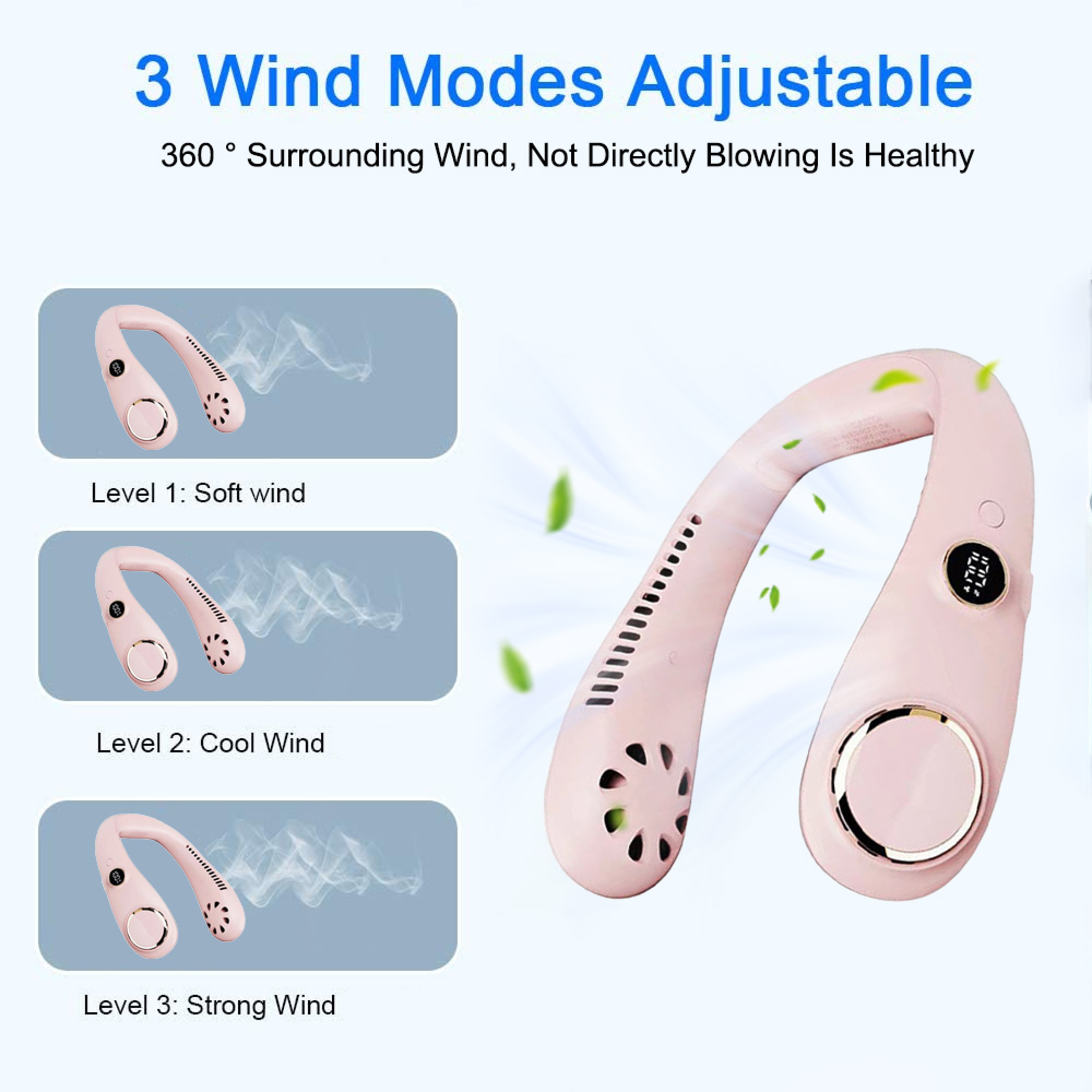Ein rosafarbener Nackenventilator mit drei Windmodi: sanft, kühl und stark.