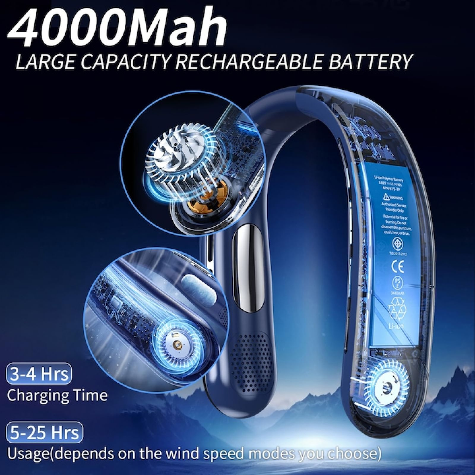 Blauer Nackenventilator mit 4000mAh Akku. Zeigt Lade- & Nutzungszeiten.