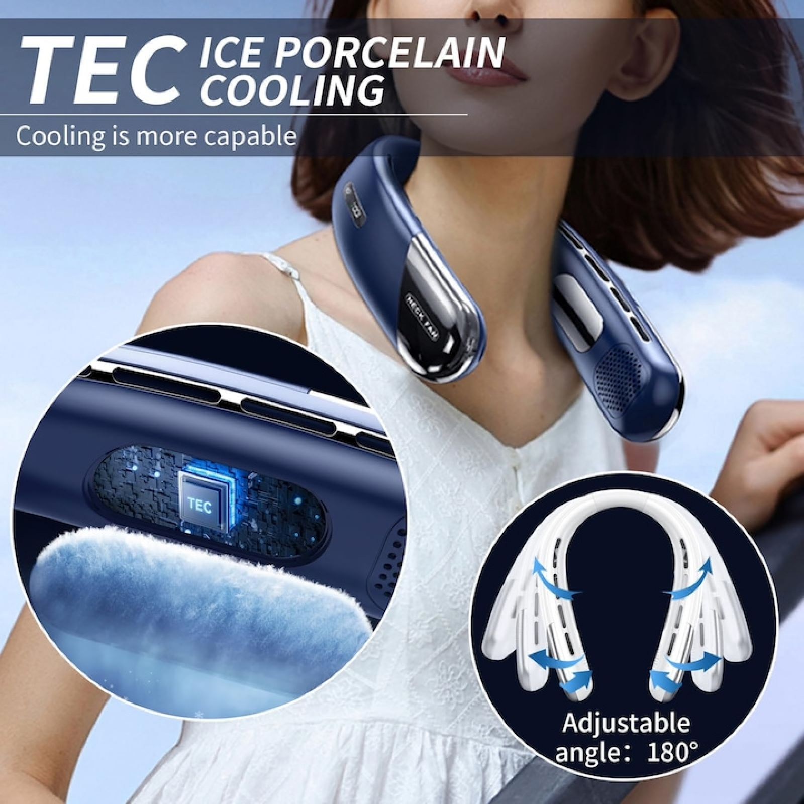 Ein blauer Nackenventilator mit TEC-Kühlung, verstellbarer Winkel.
