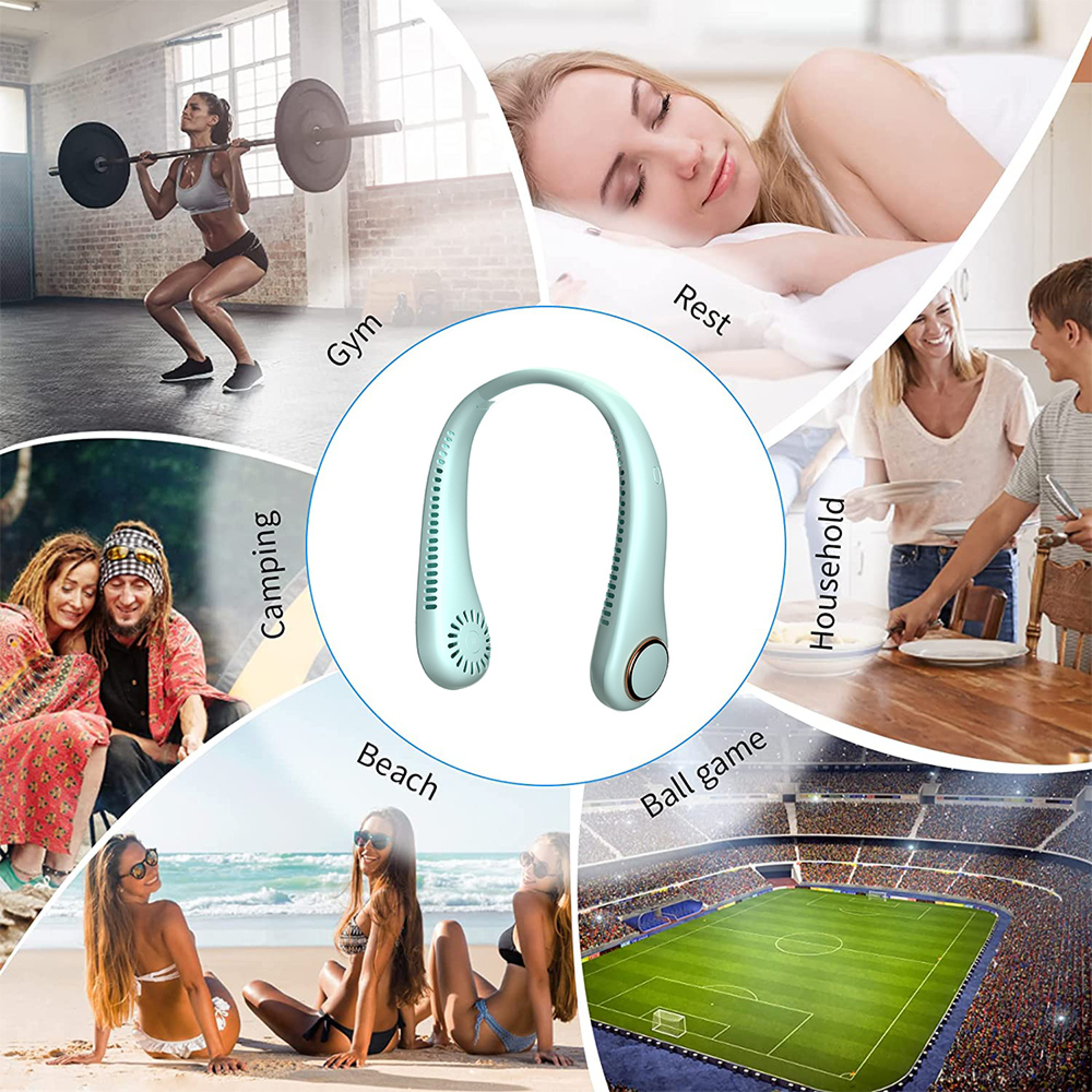 Ein tragbares Nackenventilator-Design mit Szenen von Fitness, Strand, Familie, Fußballspiel und Camping.
