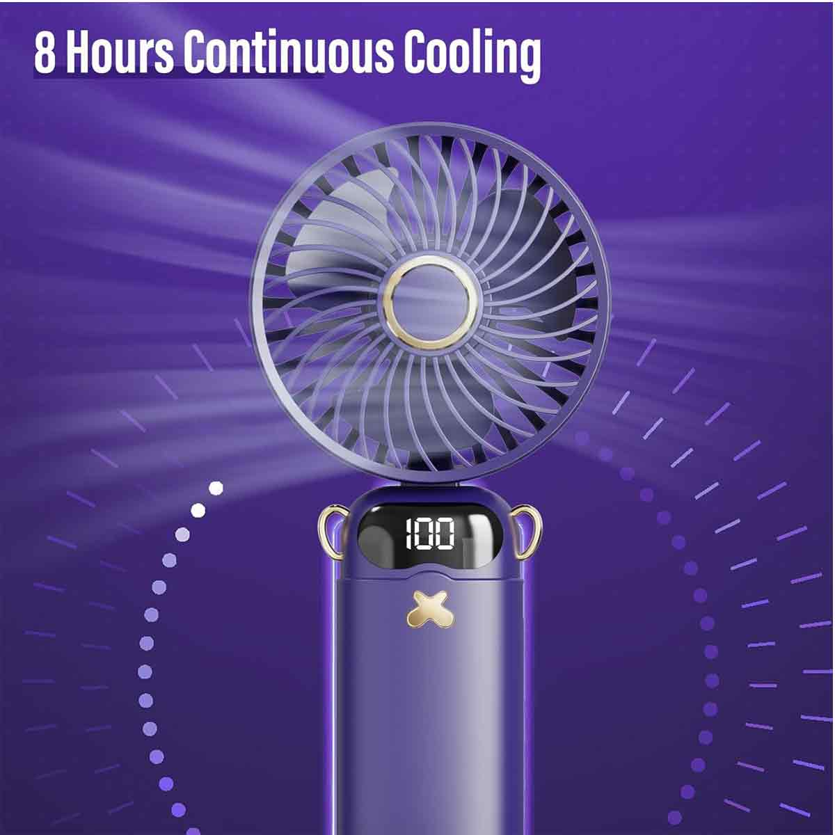 Lila Ventilator mit Digitalanzeige (100). Text: 8 Stunden kontinuierliche Kühlung.