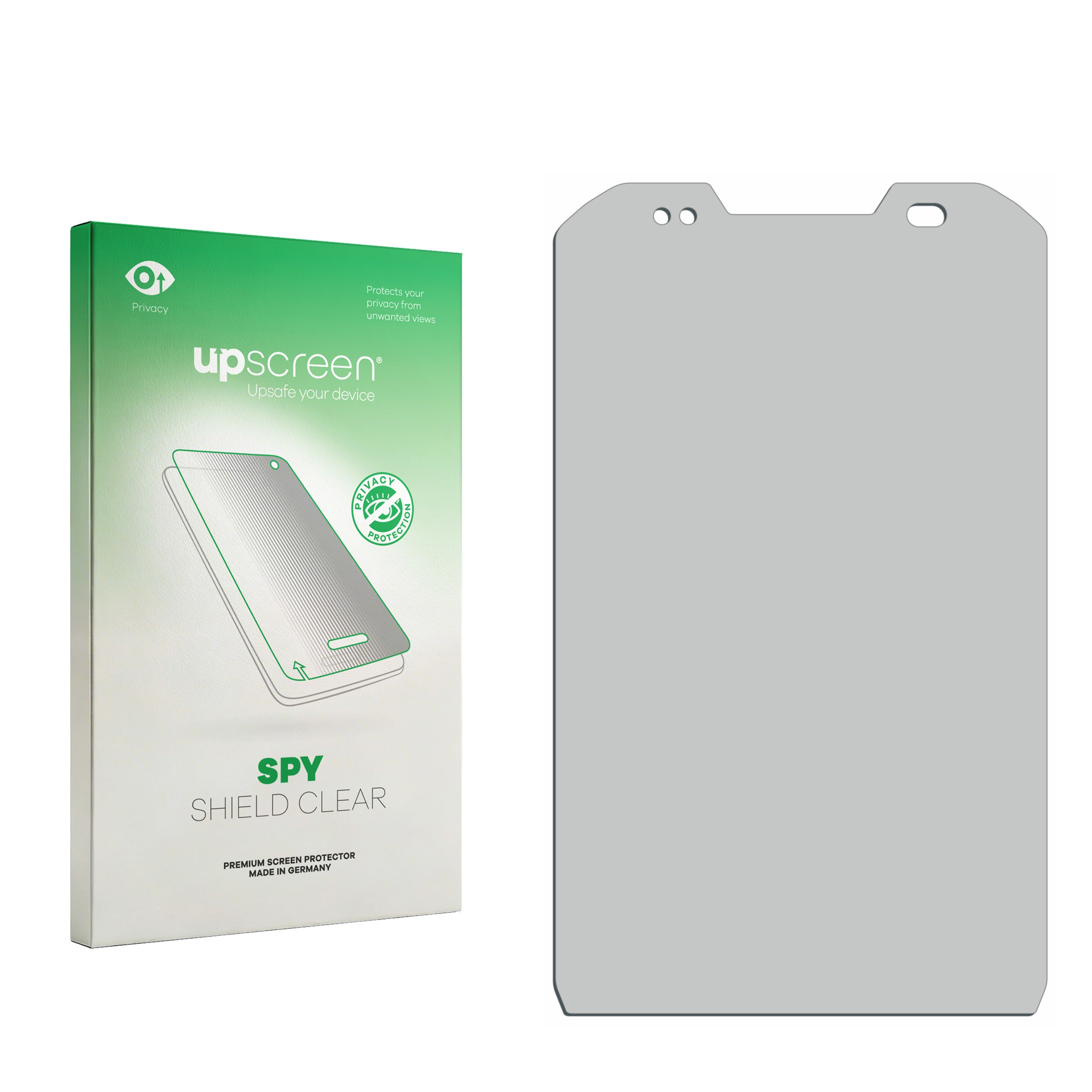 Eine grüne Verpackung für einen Displayschutz und ein Displayschutz aus grauem Glas.