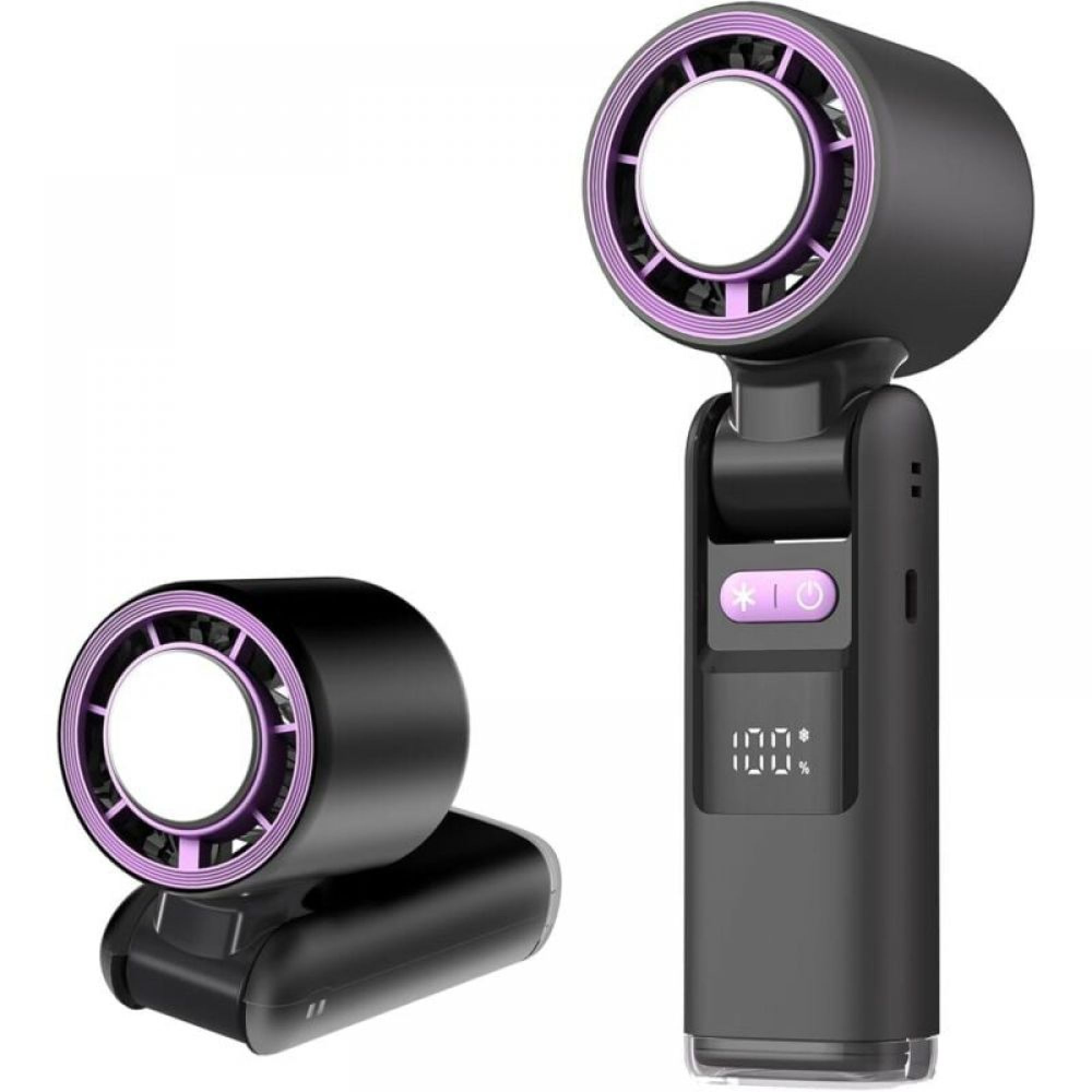 Zwei schwarze Ventilatoren mit violetten Akzenten und digitalen Displays.