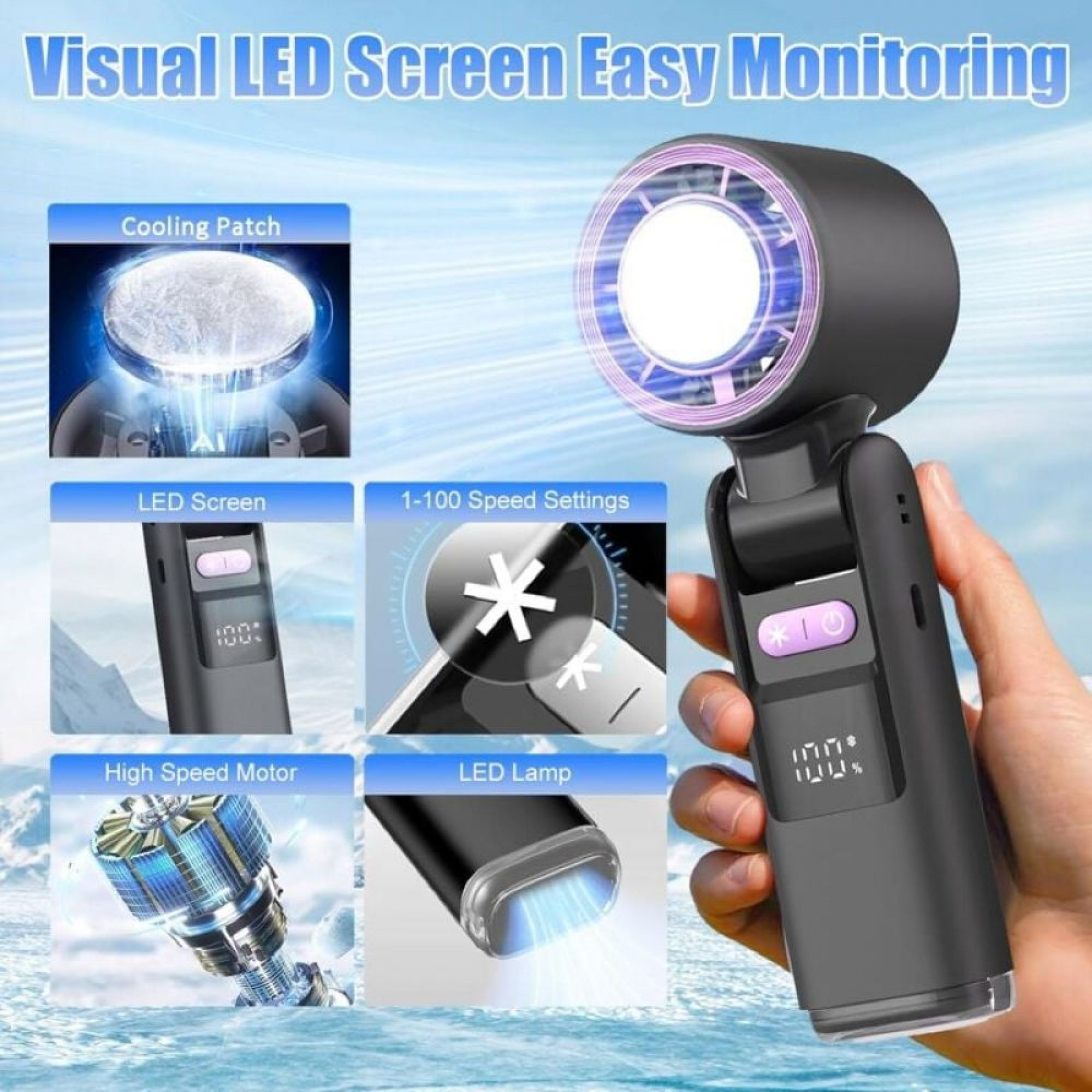 Hand hält schwarzen Ventilator mit LED-Anzeige (100%). Kühlpad, Motor, LED-Lampe.