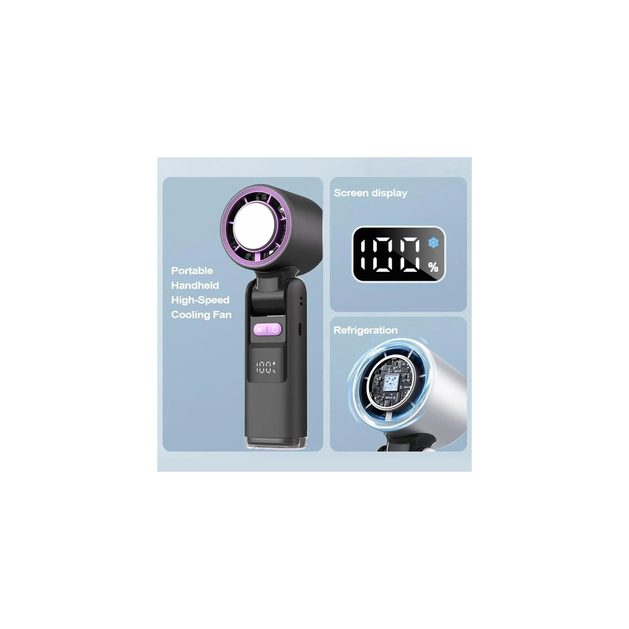 Tragbarer Ventilator mit Display und Kühlung.