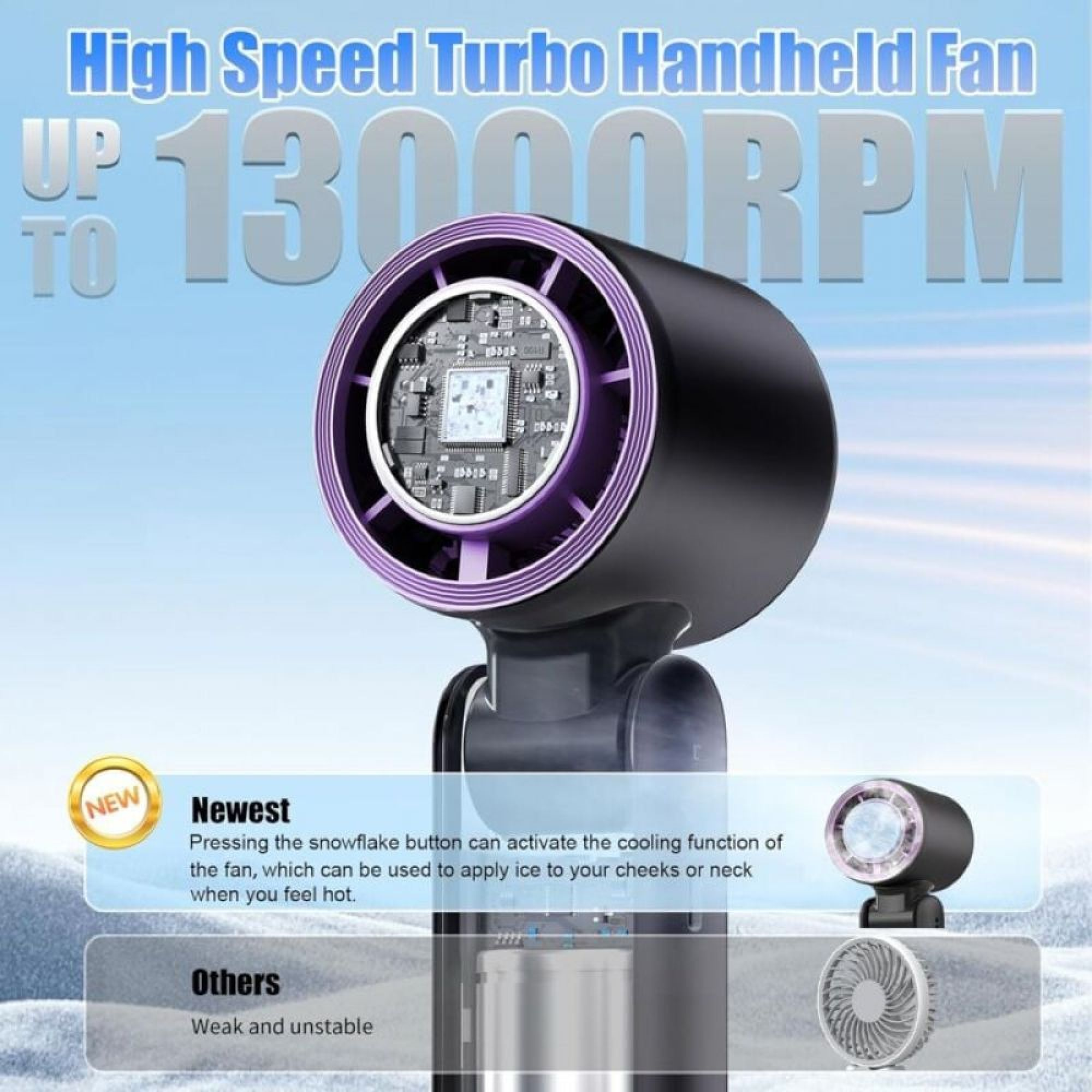 Ein schwarzer Turbo-Handventilator mit violetten Akzenten und sichtbarer Platine.
