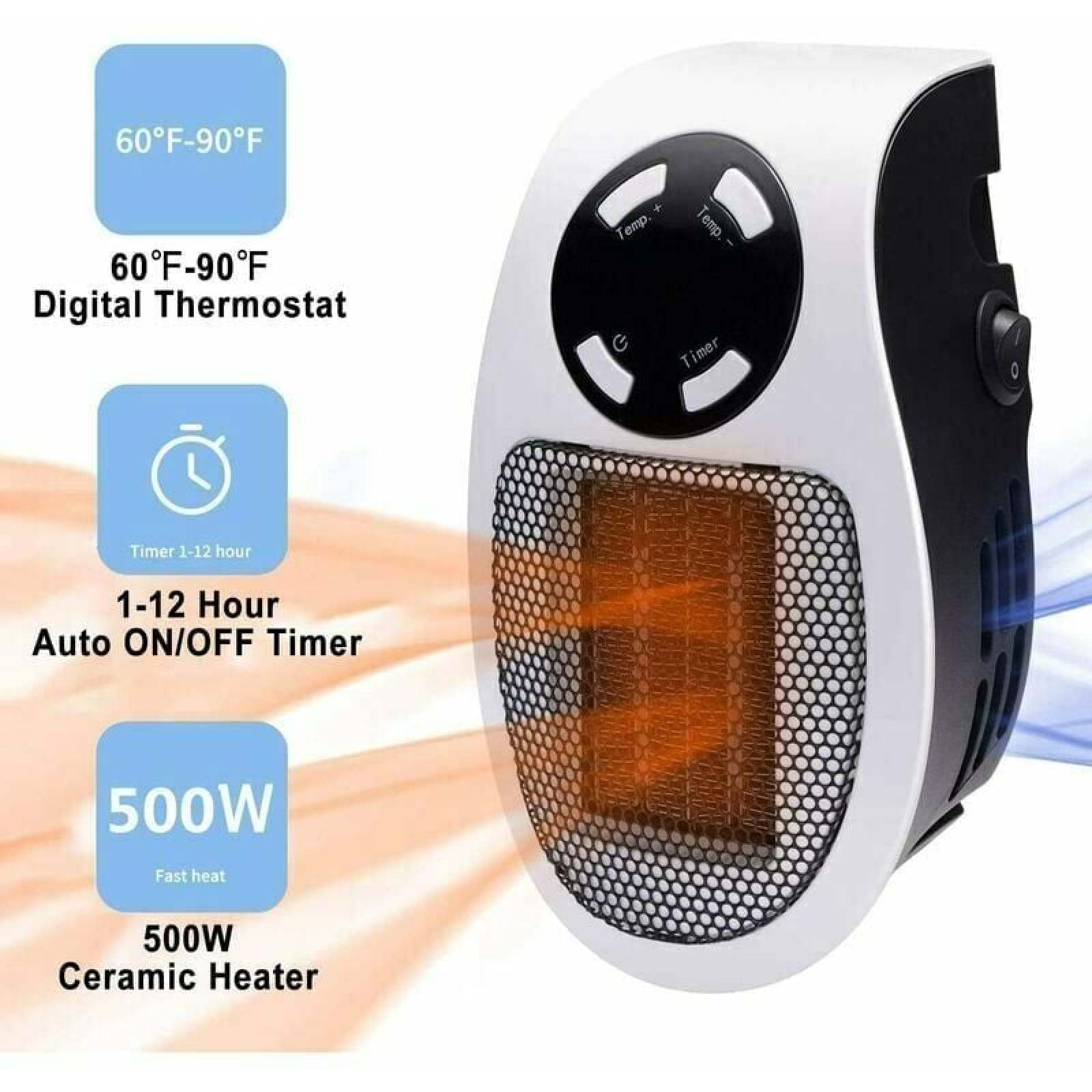 Ein weißer und schwarzer Keramikheizer mit digitalem Thermostat und Timer.