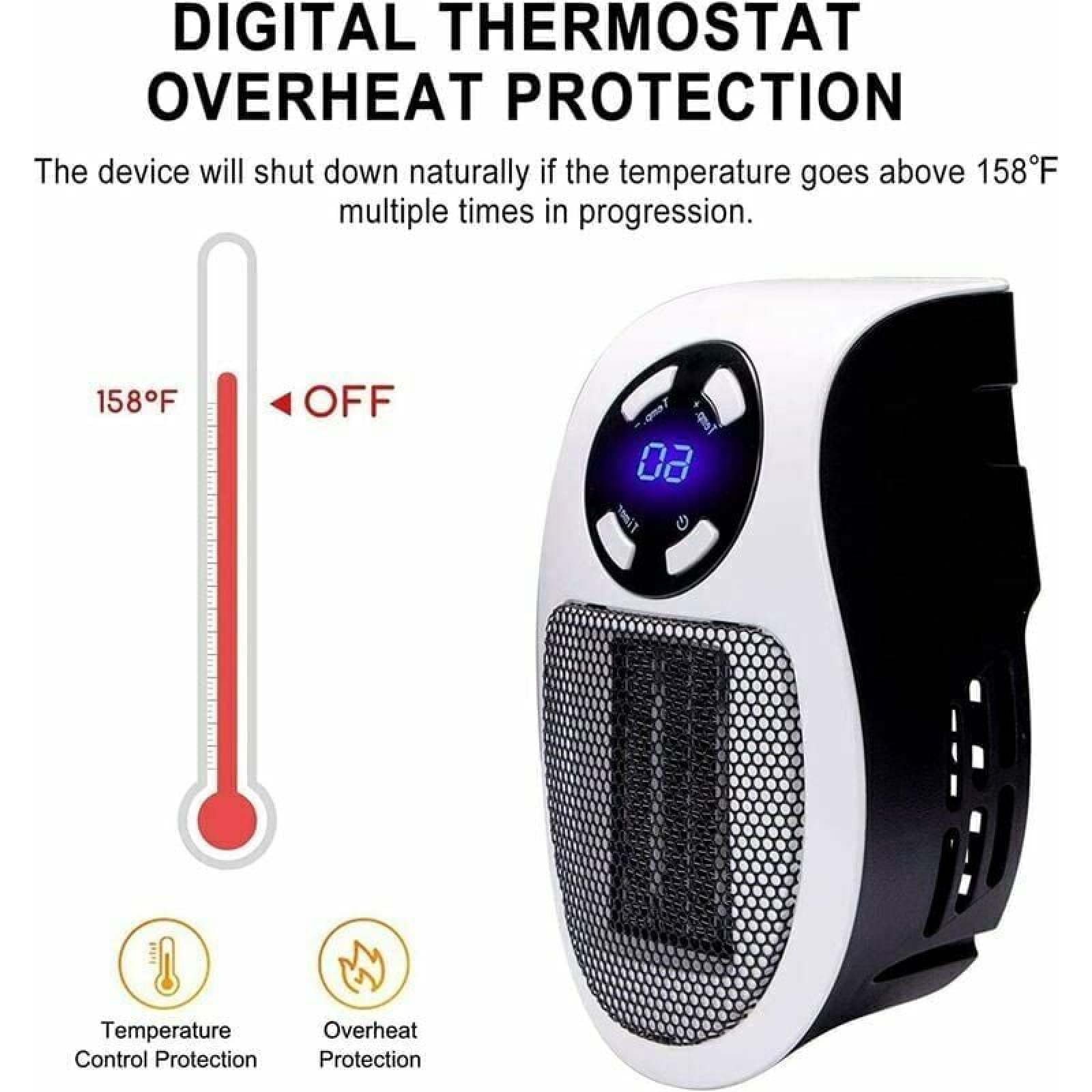 Ein weißer Heizlüfter mit digitalem Display und Thermometer, das 158°F anzeigt.