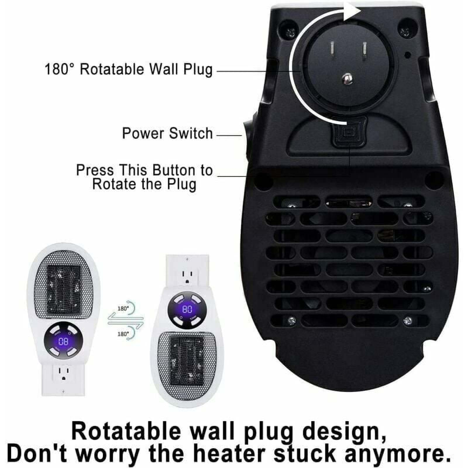 Ein tragbarer Heizlüfter mit drehbarem Stecker und digitalen Anzeigen.