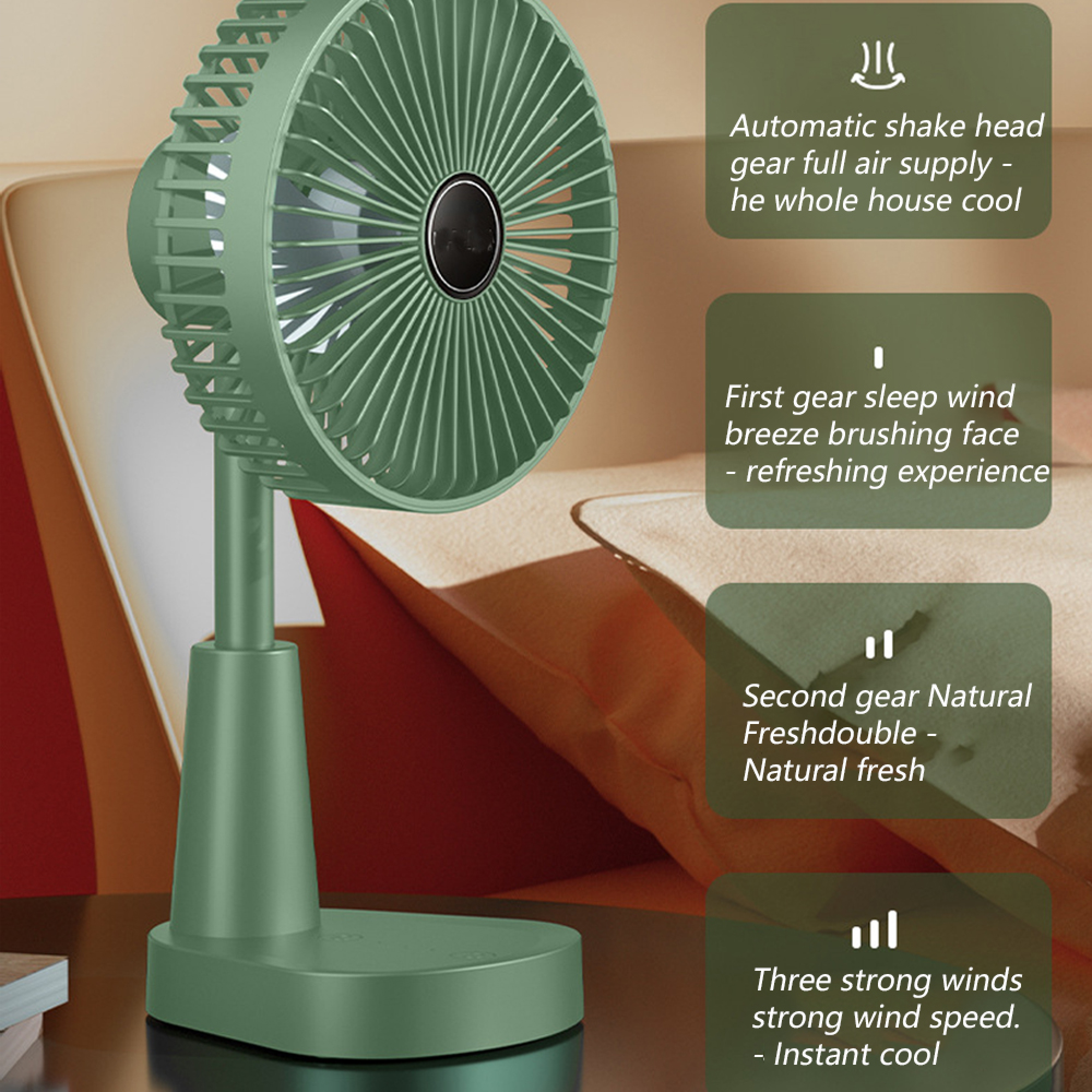 Grüner Ventilator auf einem Tisch, mit Textfeldern, die Funktionen beschreiben.