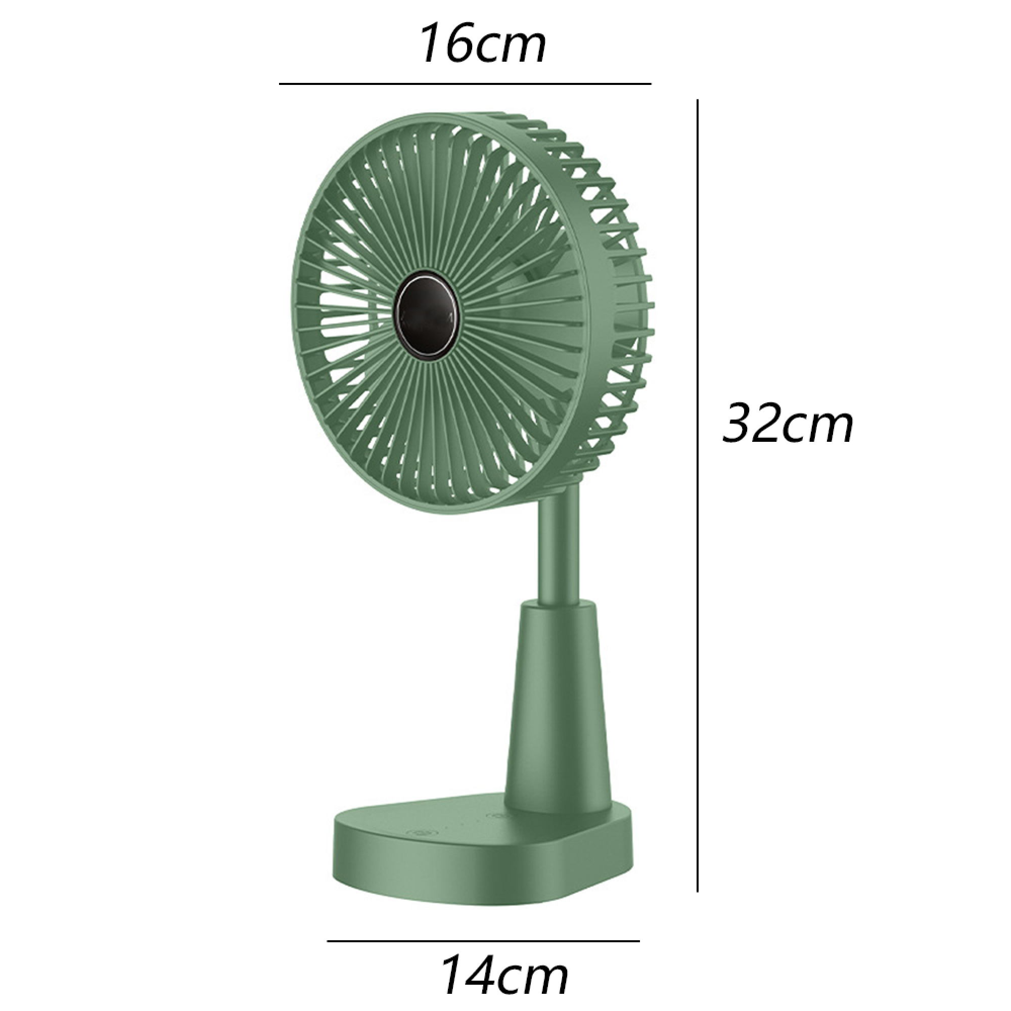 Ein kleiner, grüner Tischventilator mit runden Maßen 16x14x32cm.