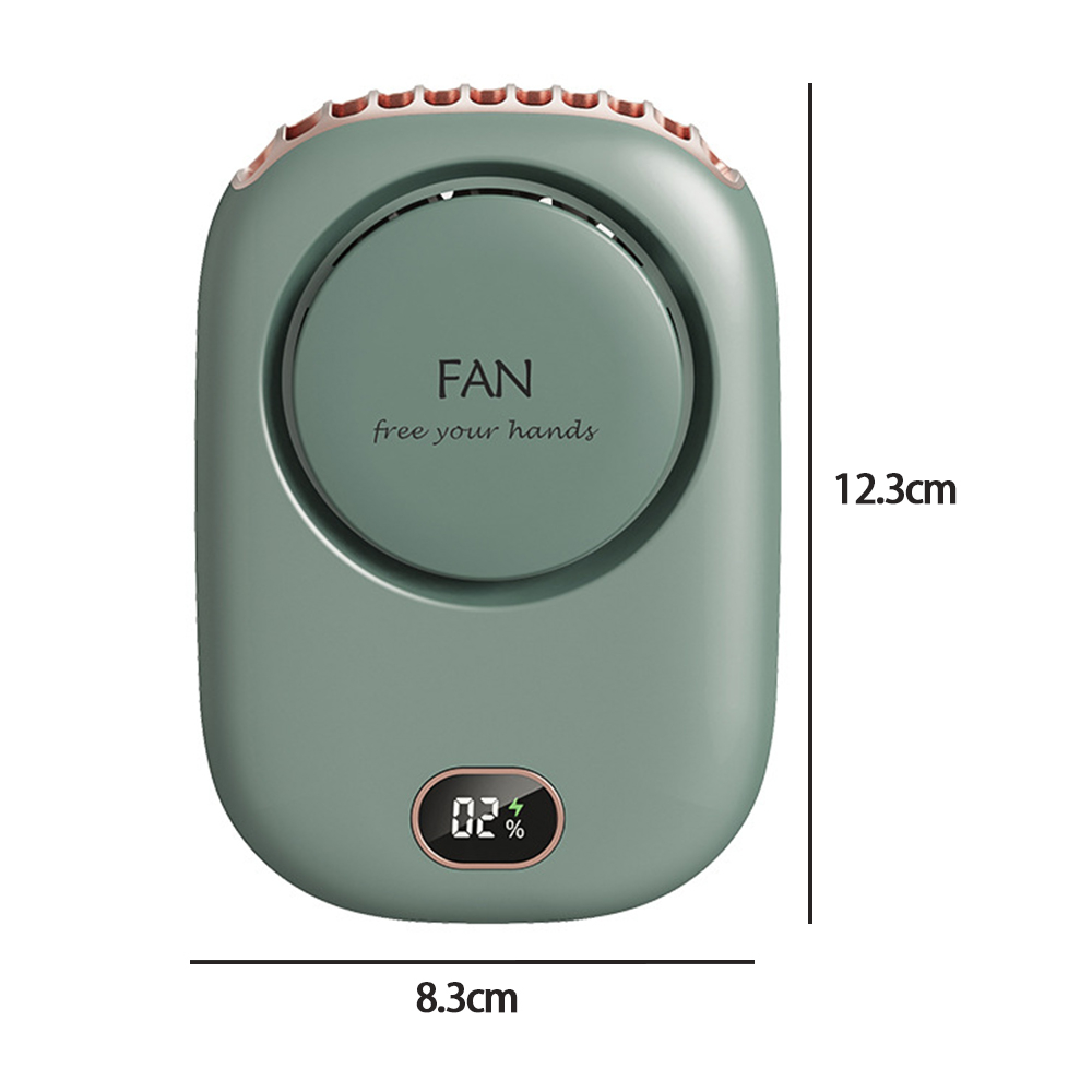 Ein grüner Nackenventilator mit Anzeige 02% und den Maßen 8,3cm x 12,3cm.