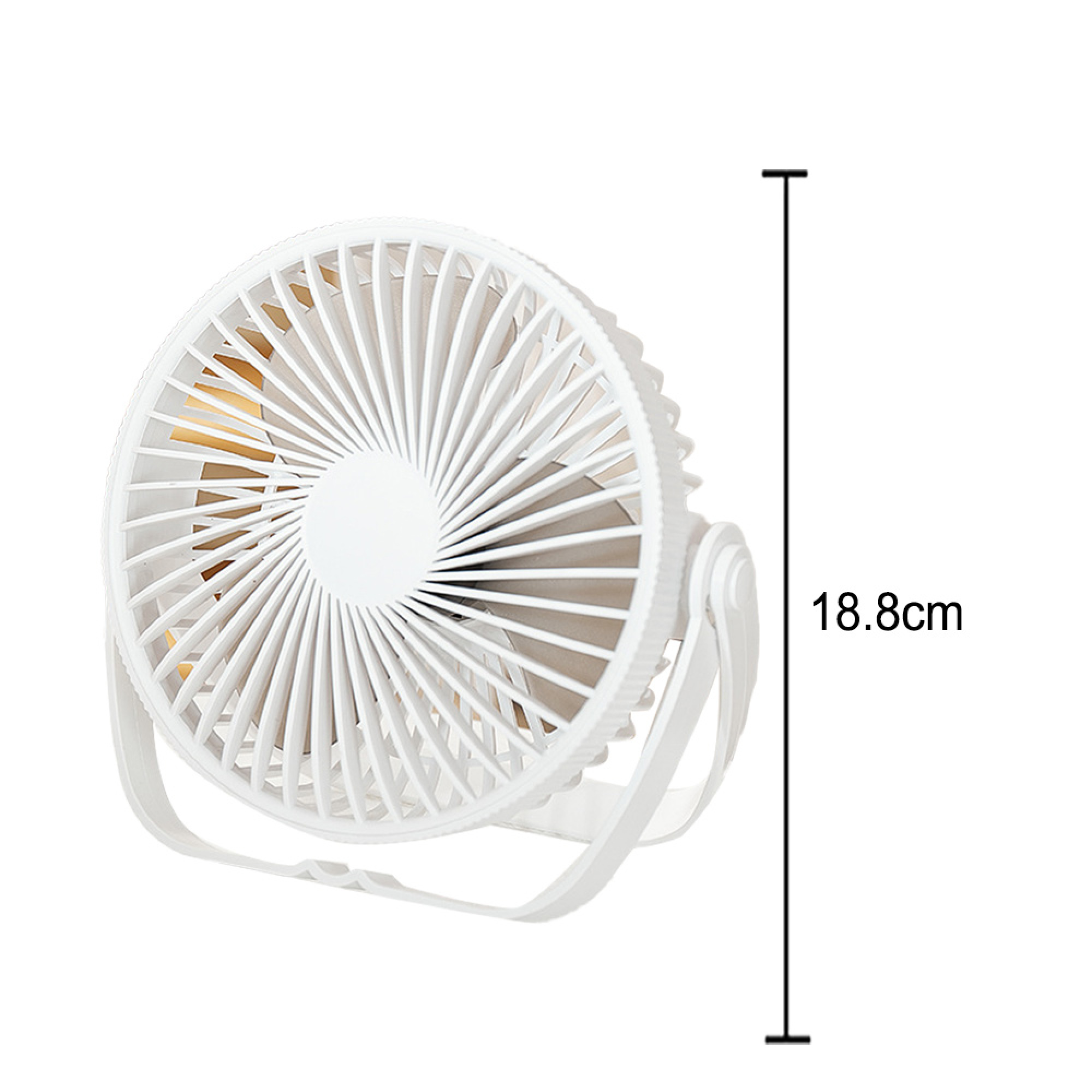 Ein weißer Ventilator mit Ständer und einer Höhenangabe von 18,8 cm.