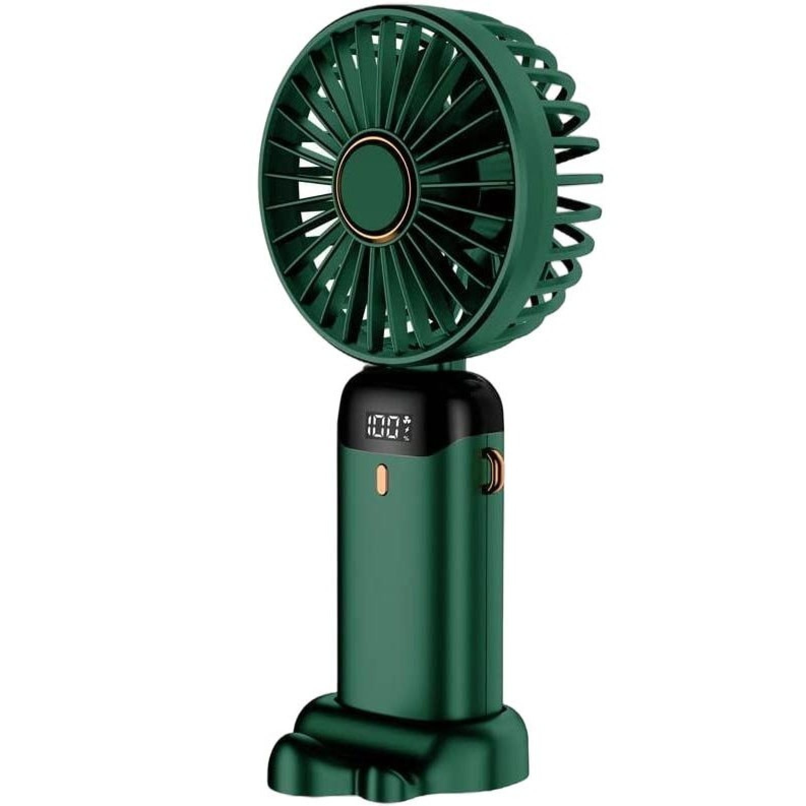 Ein kleiner, tragbarer, dunkelgrüner Ventilator mit digitaler Anzeige und Basis.