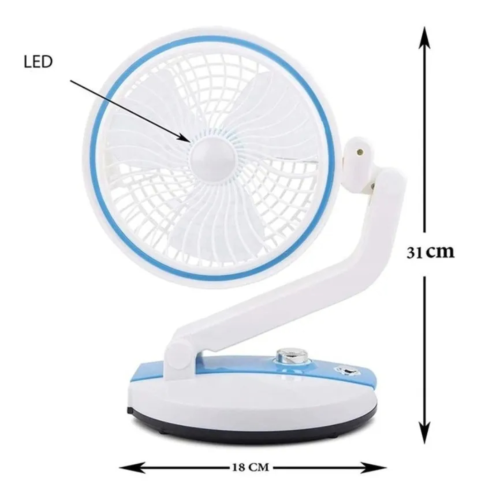 Ein weißer und blauer Tischventilator mit LED-Anzeige und Maßen.