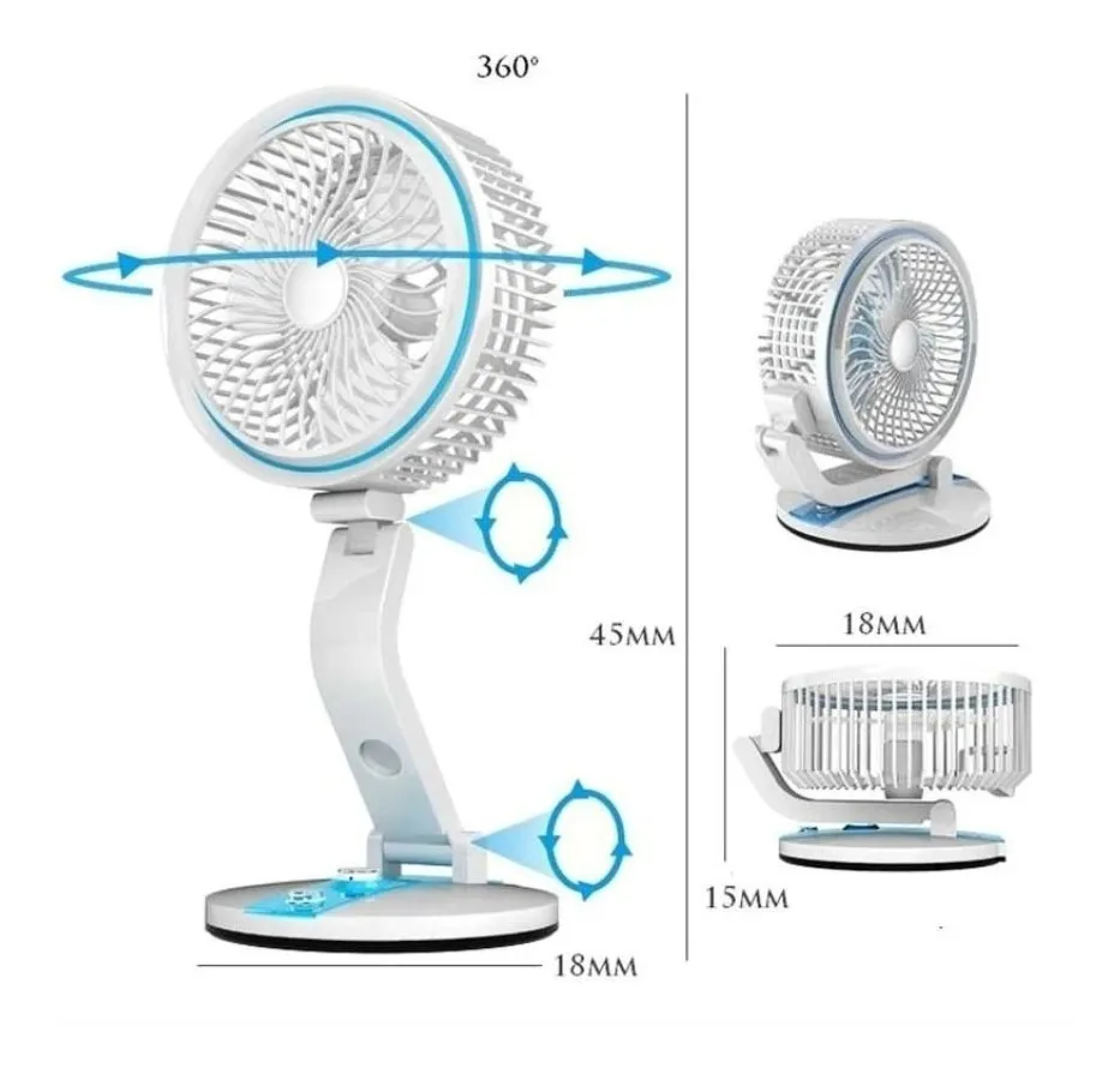 Ein weißer, faltbarer Tischventilator mit blauen Akzenten und Maßangaben.