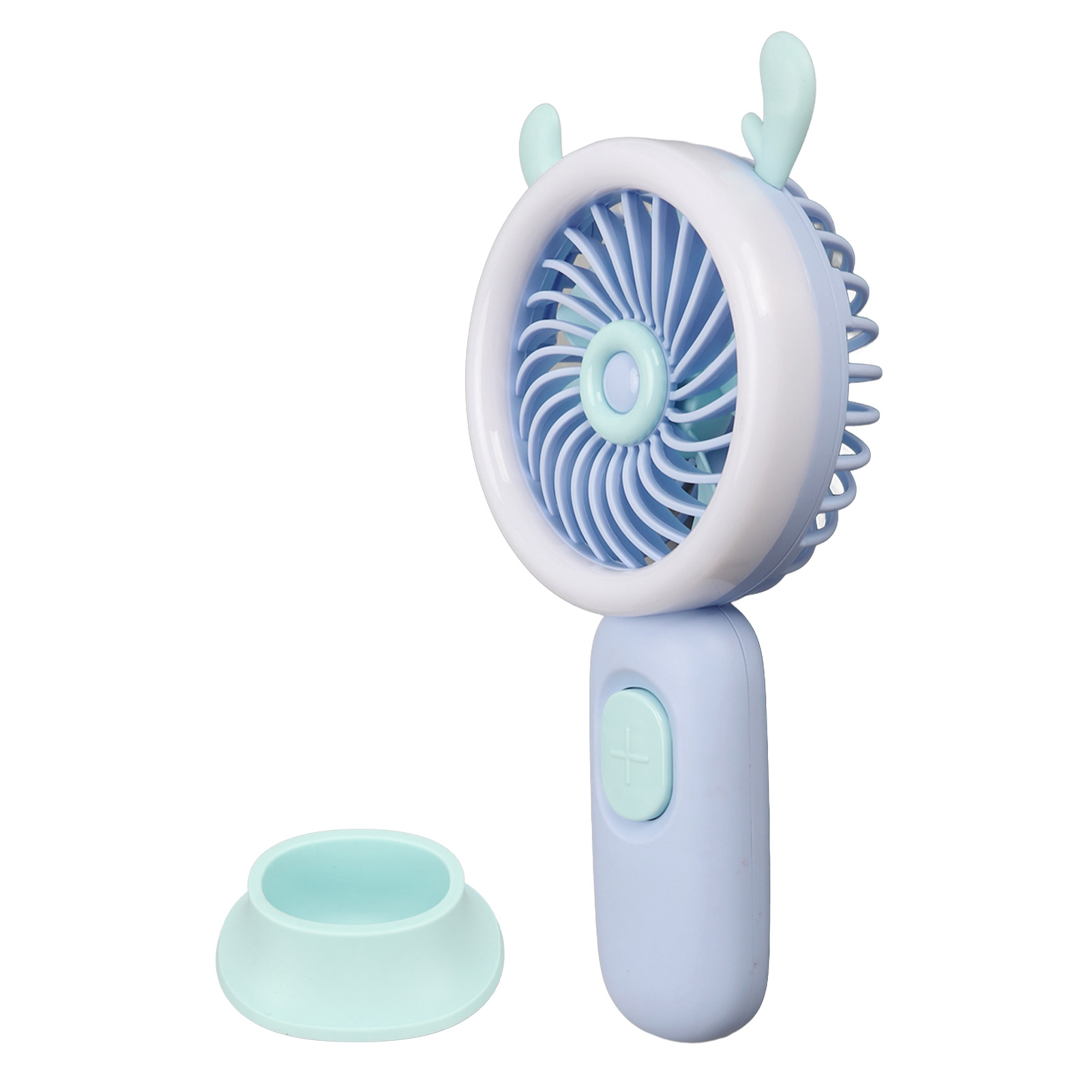 Ein tragbarer Ventilator in Hellblau mit einem weißen Ring und Rehkopf.