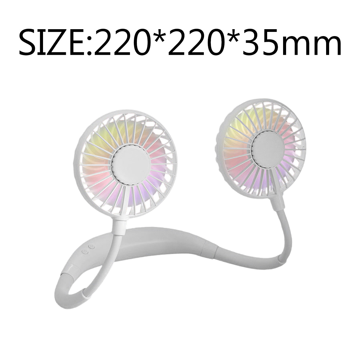 Ein weißer Nackenventilator mit zwei Lüfterköpfen und bunten Rotorblättern.