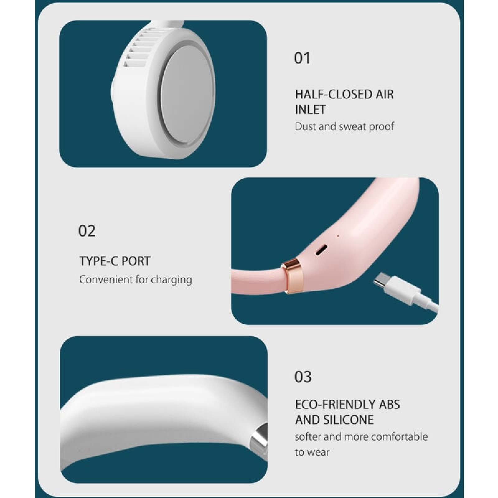 Ein Nackenfächer mit weißem Lufteinlass, pinkem Gehäuse und USB-C-Anschluss.