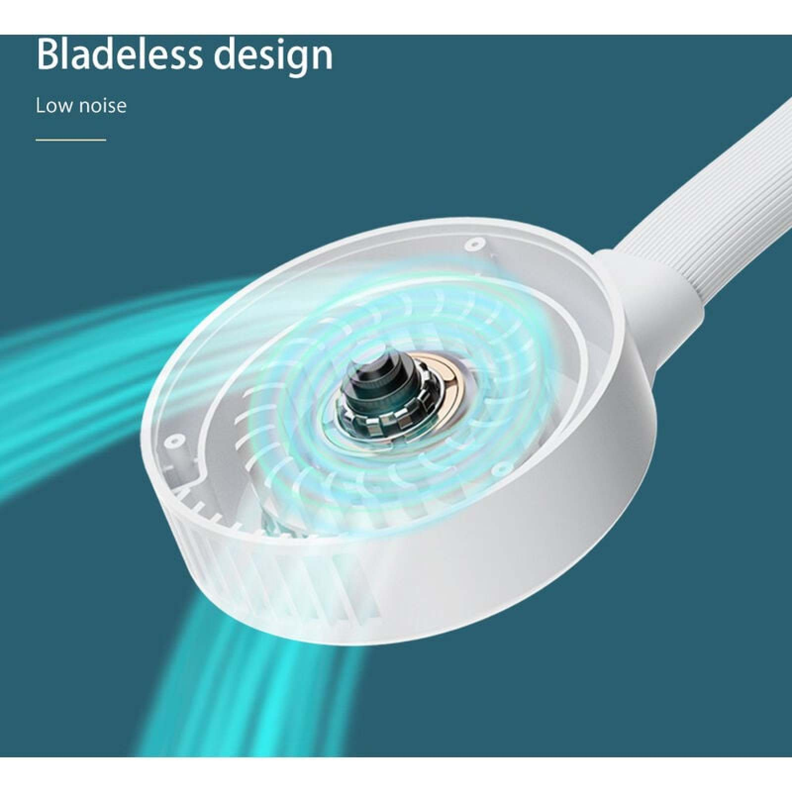 Bladeless Lüfter mit blauem Luftstrom und dunkelblauem Hintergrund.