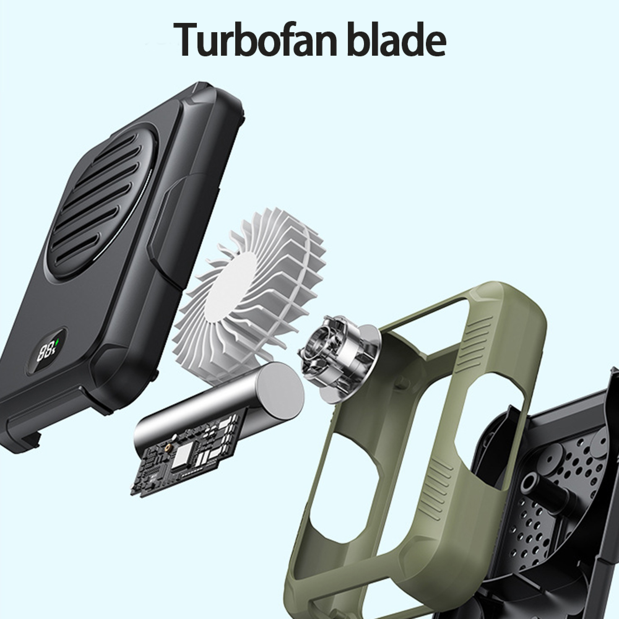 Explosionsansicht eines schwarzen Turbofans mit internen Komponenten: Platine, Lüfterblätter und grünes Gehäuse.