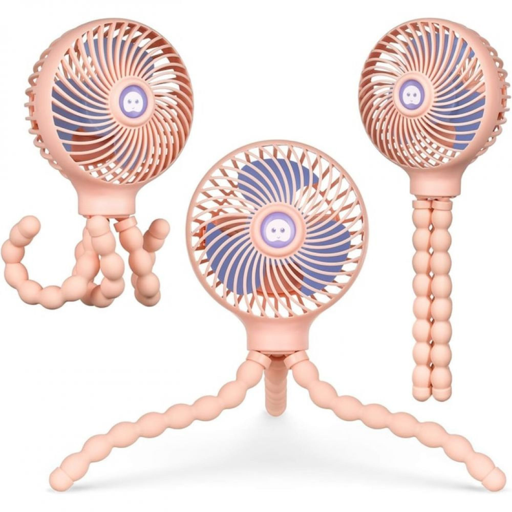 Drei tragbare rosa Ventilatoren mit flexiblen, segmentierten Beinen auf weißem Grund.