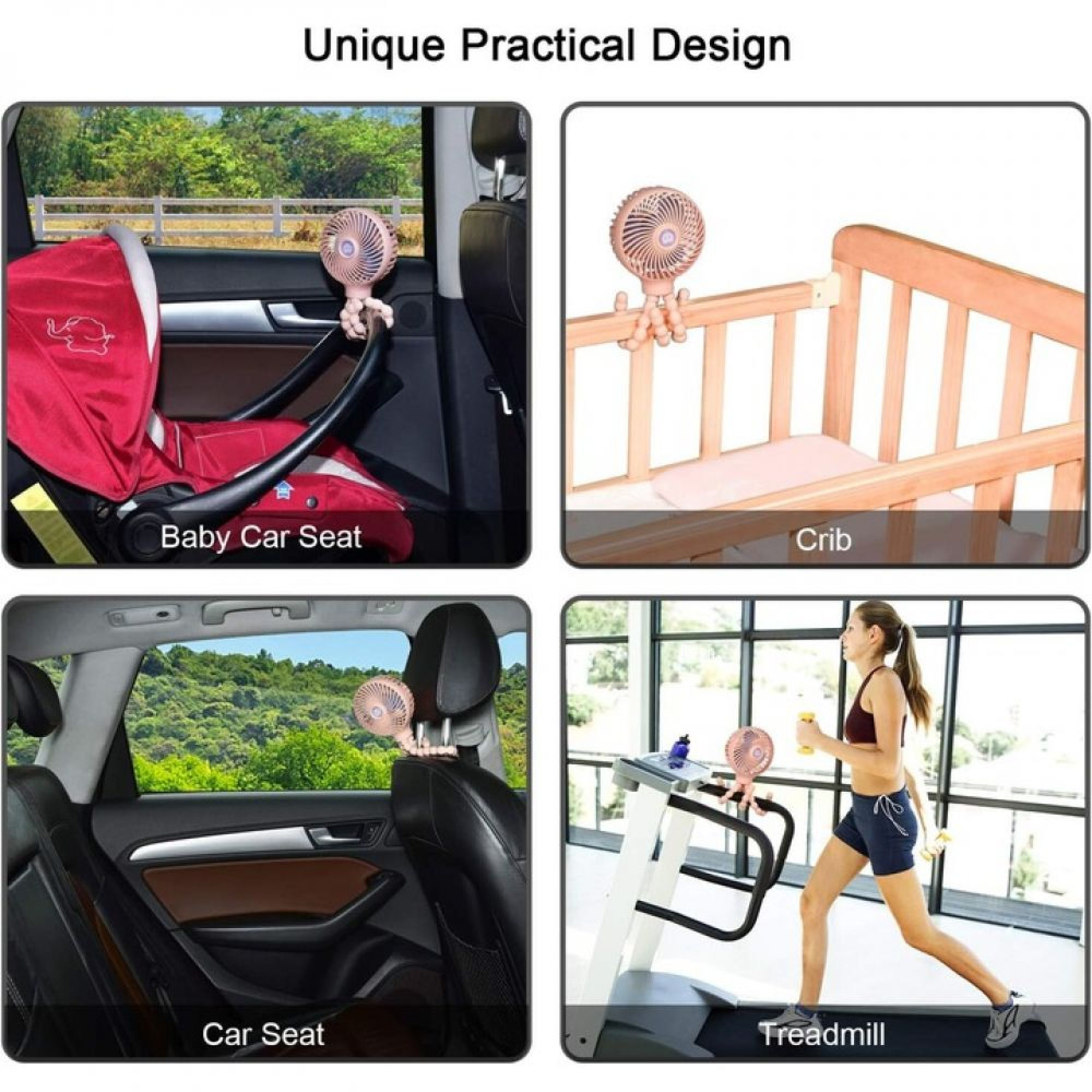 Ein kleiner rosa Ventilator ist an einem Kinderwagen, einem Kinderbett und einem Laufband befestigt.